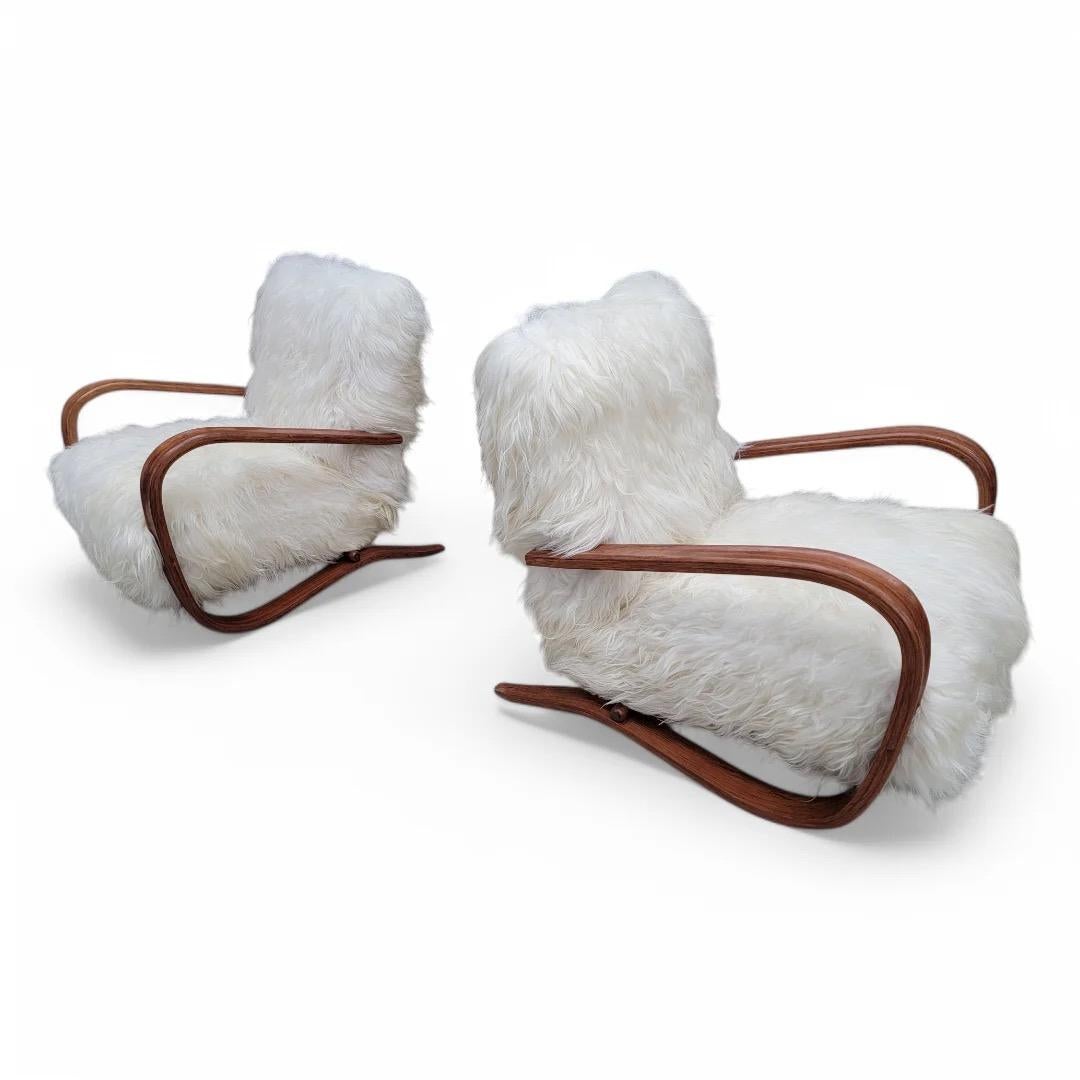 Jindrich Halabala Style Lounge Chairs In Natural Tibetan Lambswool - Pair 2