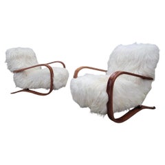 Jindrich Halabala Style Lounge Chairs In Natural Tibetan Lambswool - Pair