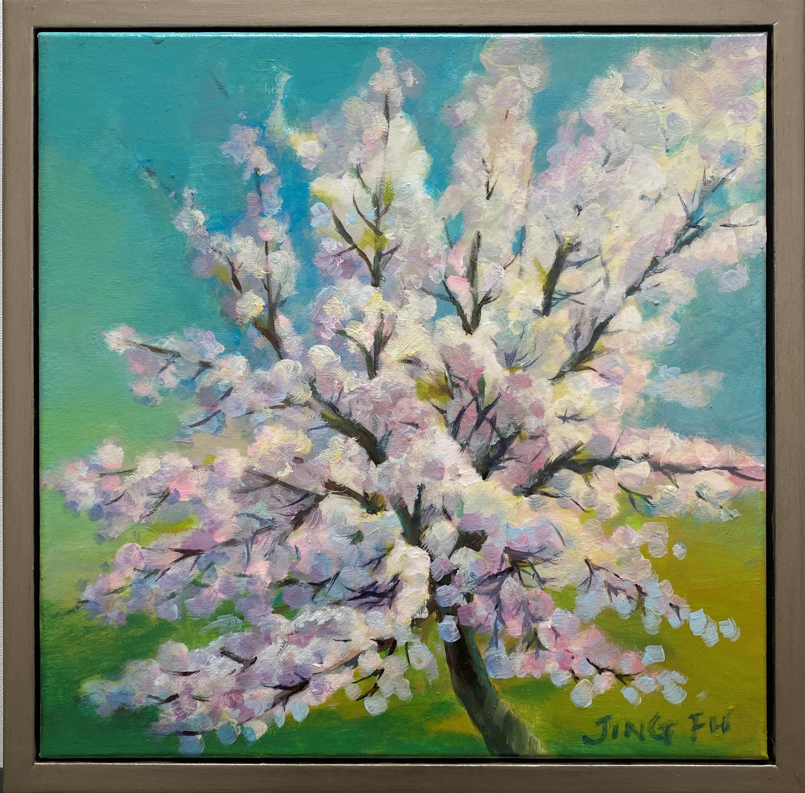 Blue Dream (cherry blossom tree in bloom floral colorful pink white flowers) - Painting by Jing Fu