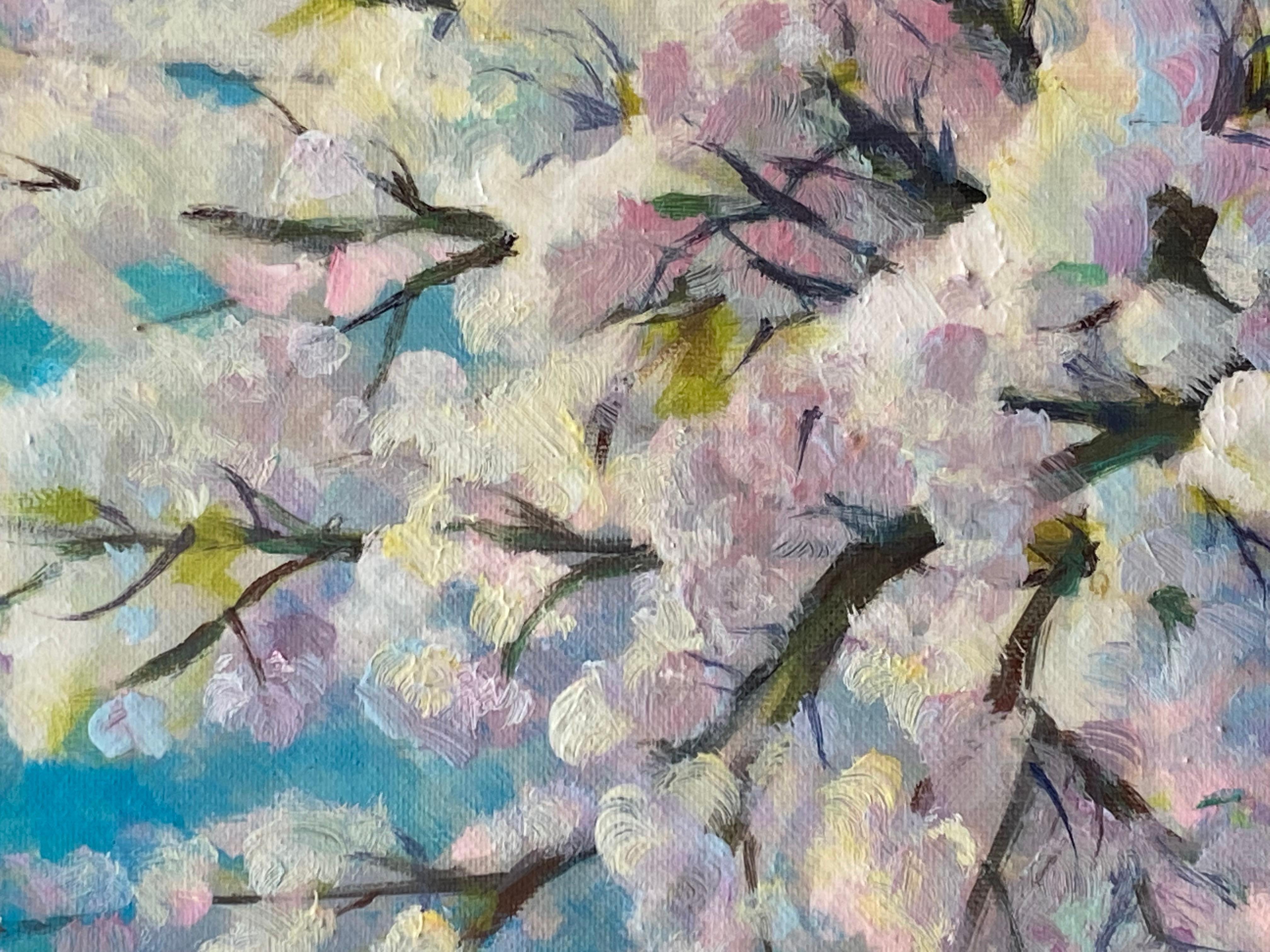 Blue Dream (cherry blossom tree in bloom floral colorful pink white flowers) - Post-Impressionist Painting by Jing Fu