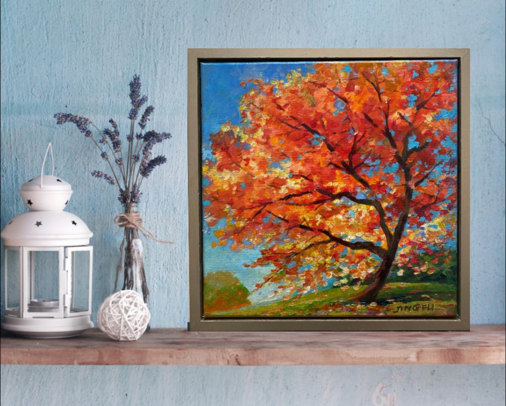 Dance in the Wind (Herbst-Farben orange-rote gelbe Blätter Landschaft) – Painting von Jing Fu