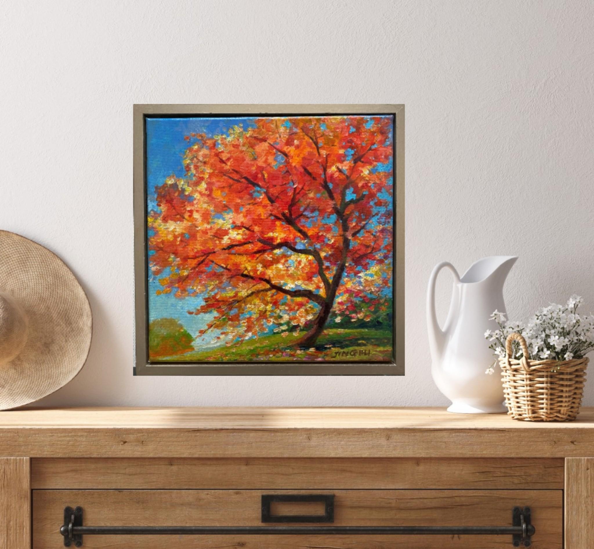 Dance in the Wind (Herbst-Farben orange-rote gelbe Blätter Landschaft) (Post-Impressionismus), Painting, von Jing Fu
