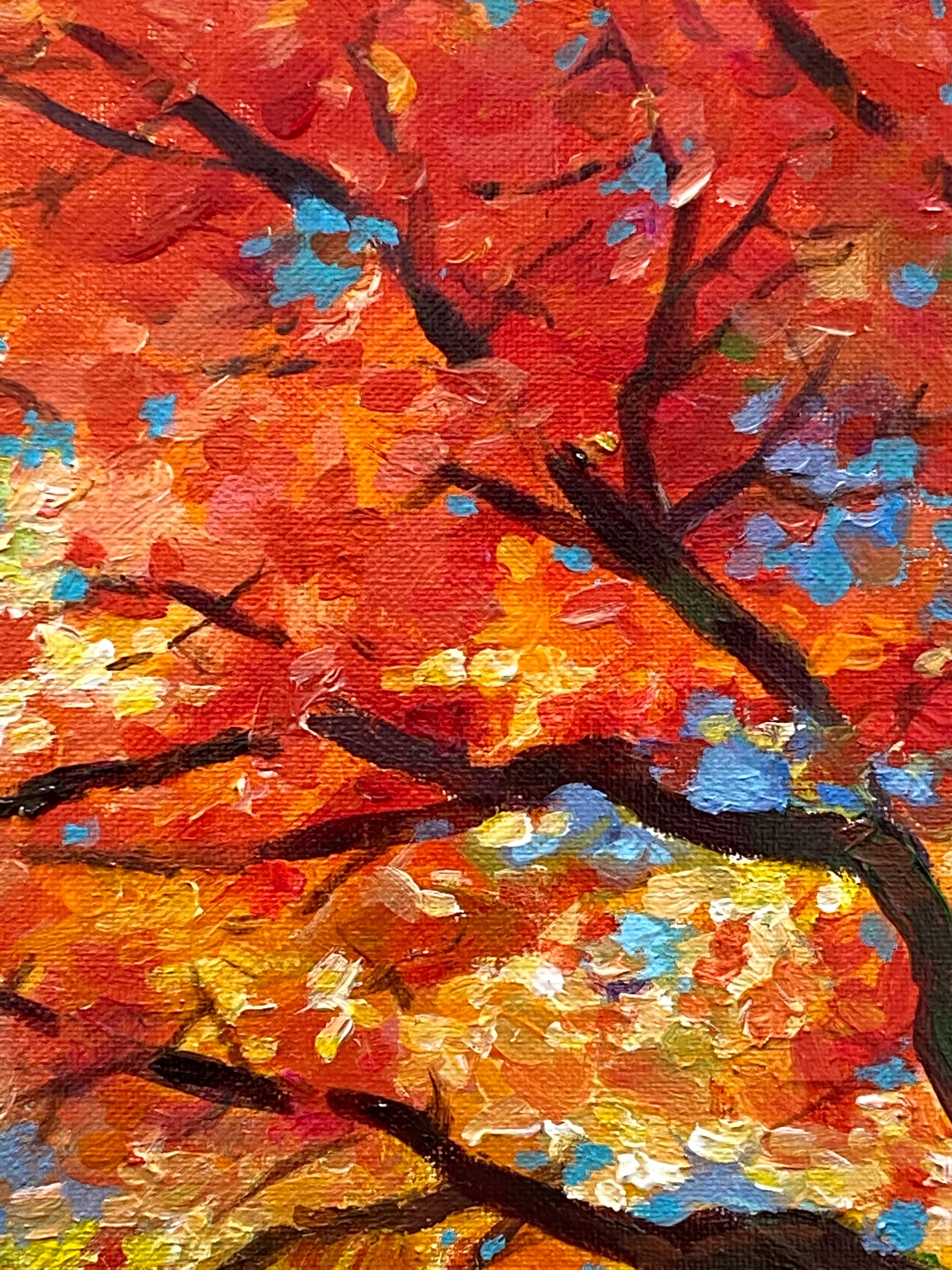 Dance in the Wind (fall tree autumn colors orange red yellow leaves landscape) - Post-Impressionist Painting by Jing Fu
