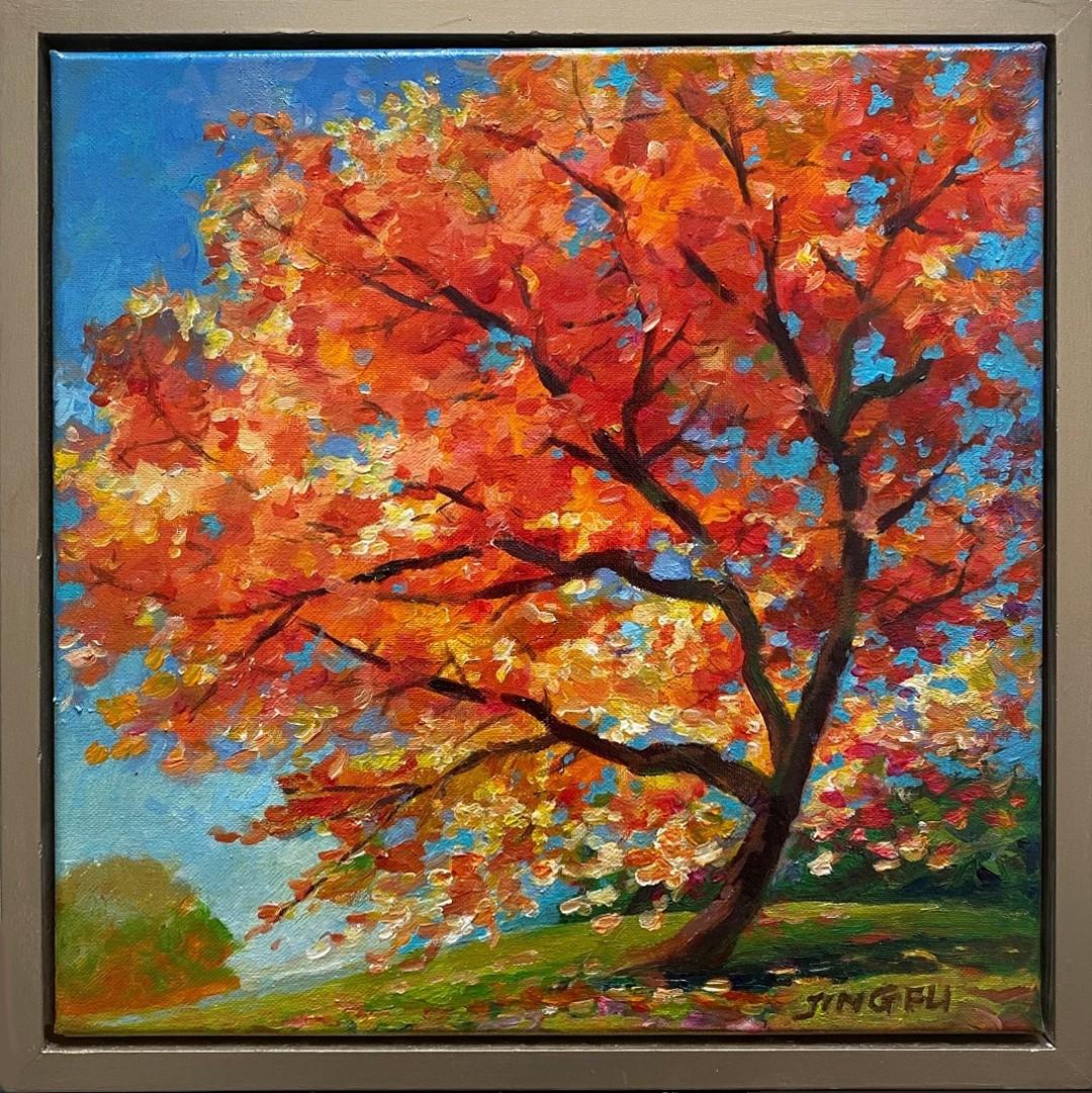 Jing Fu Landscape Painting – Dance in the Wind (Herbst-Farben orange-rote gelbe Blätter Landschaft)