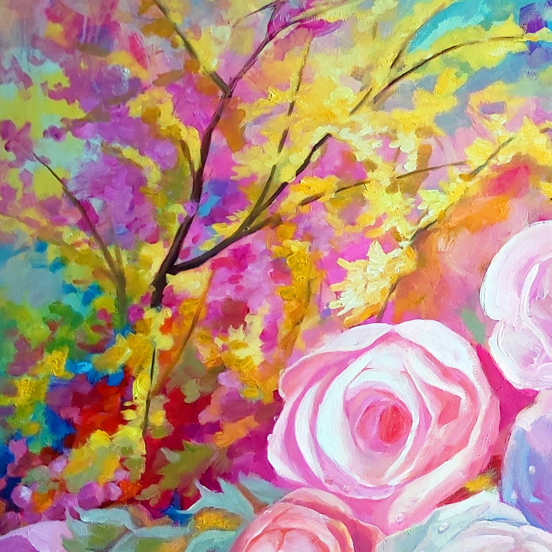 Spring Flower (Blumenblume aus Acryl auf Leinwand, farbenfrohe, rosa Blumen, Rosenstrauß) im Angebot 2