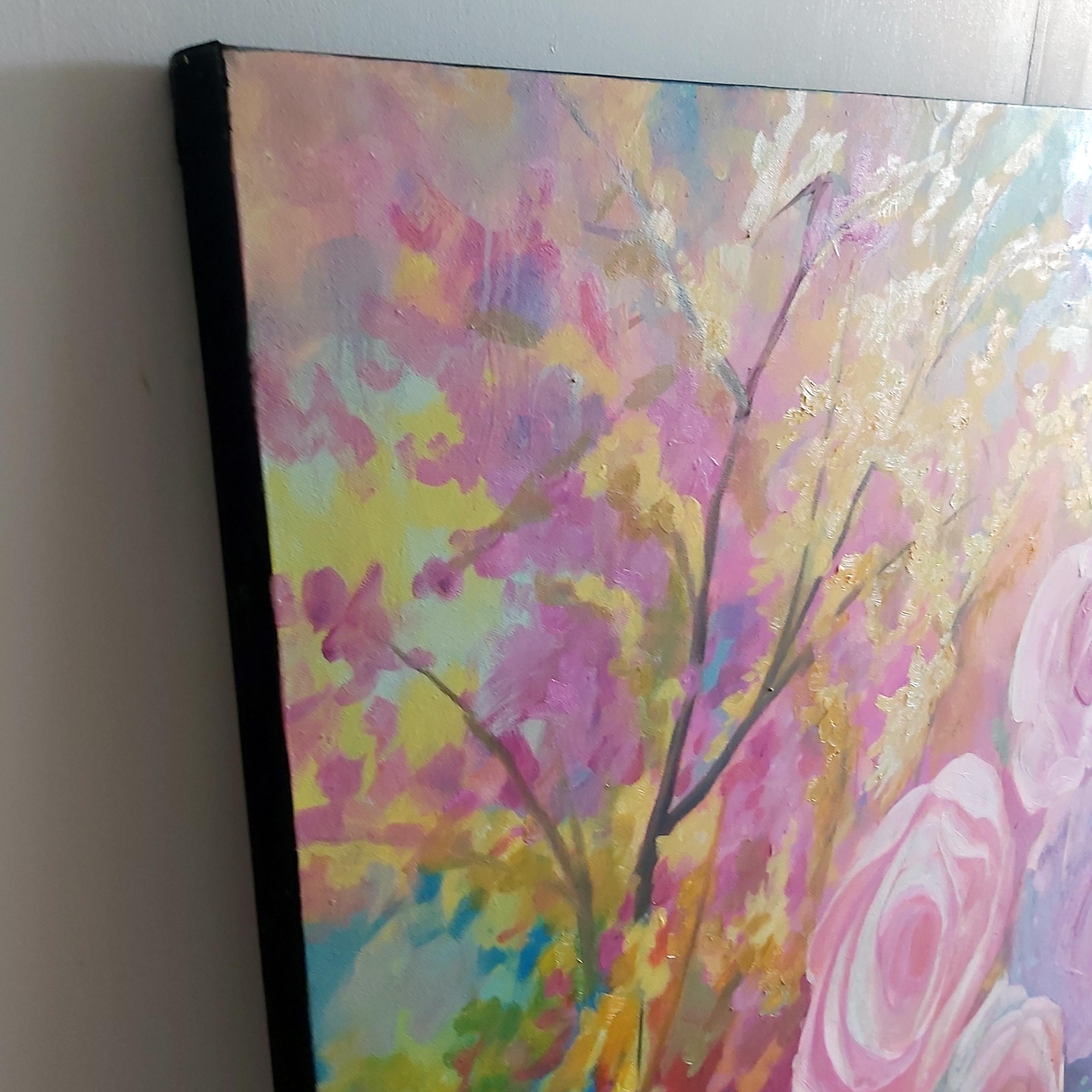 Spring Flower (Blumenblume aus Acryl auf Leinwand, farbenfrohe, rosa Blumen, Rosenstrauß) im Angebot 4
