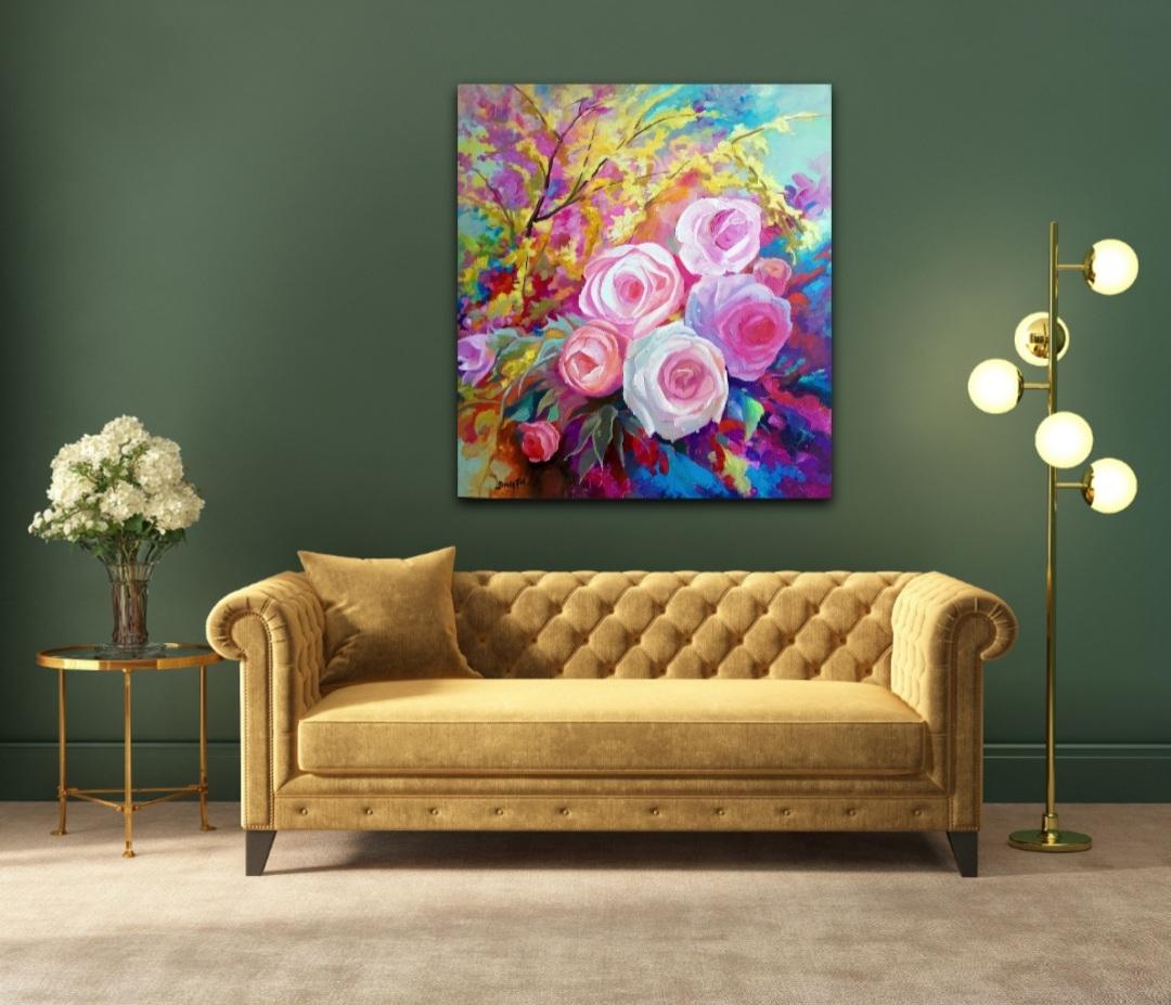 Spring Flower (Blumenblume aus Acryl auf Leinwand, farbenfrohe, rosa Blumen, Rosenstrauß) im Angebot 5