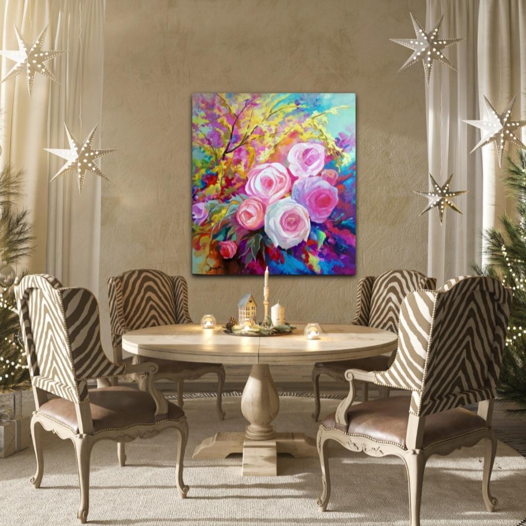 Spring Flower (Blumenblume aus Acryl auf Leinwand, farbenfrohe, rosa Blumen, Rosenstrauß) im Angebot 6