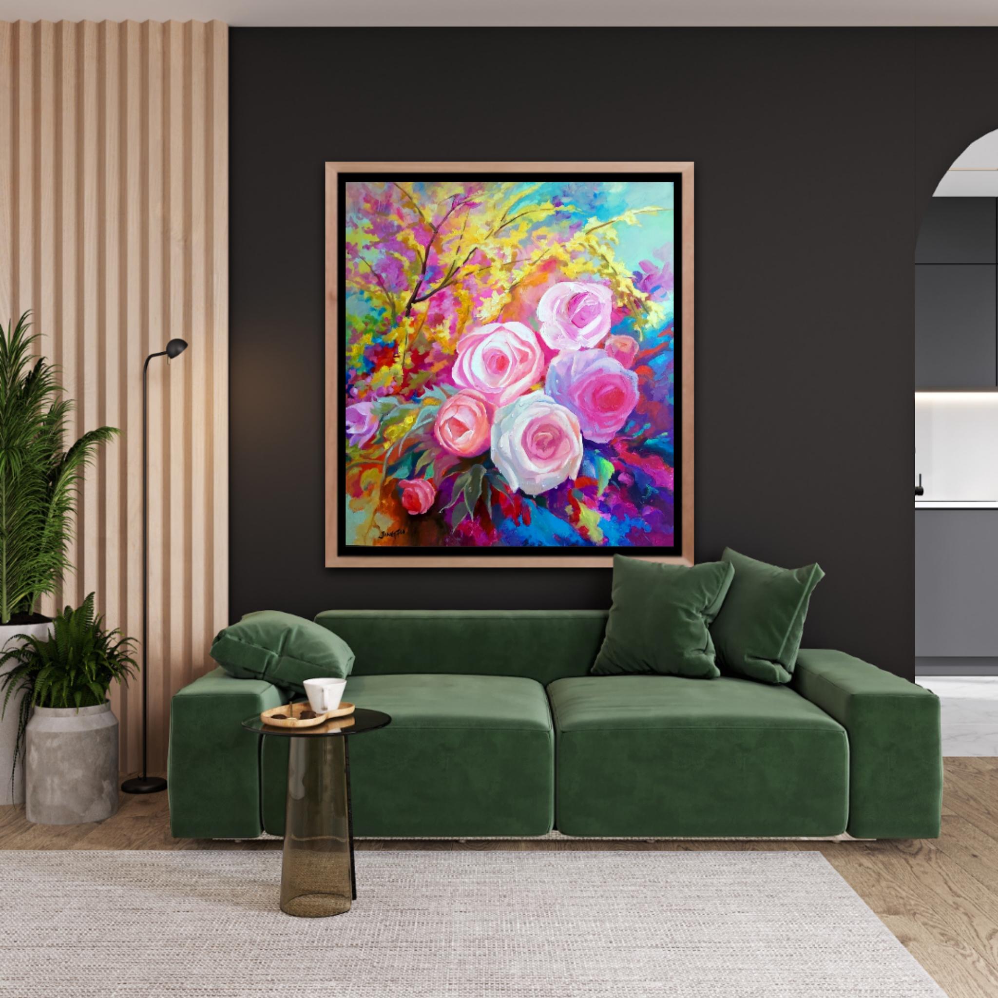Fleur de printemps (acrylique florale sur toile, fleurs colorées, roses, bouquets) en vente 8