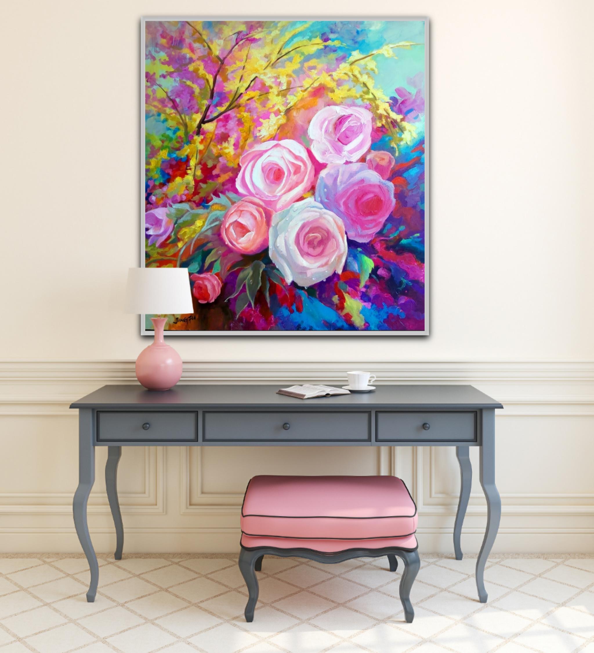 Fleur de printemps (acrylique florale sur toile, fleurs colorées, roses, bouquets) en vente 9
