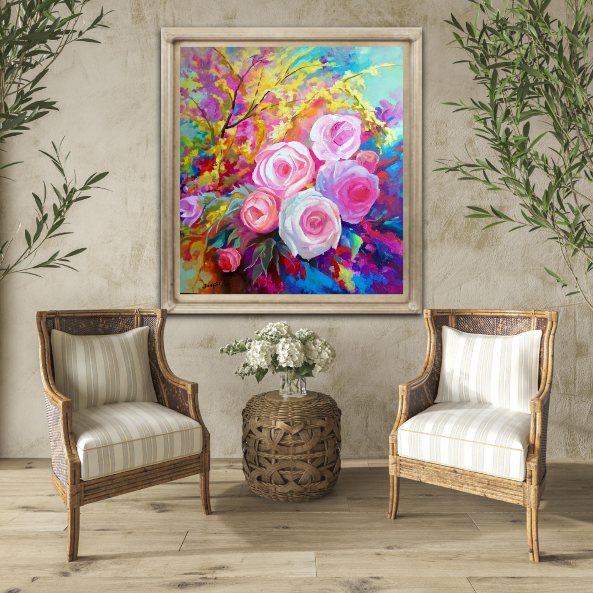 Fleur de printemps (acrylique florale sur toile, fleurs colorées, roses, bouquets) en vente 10