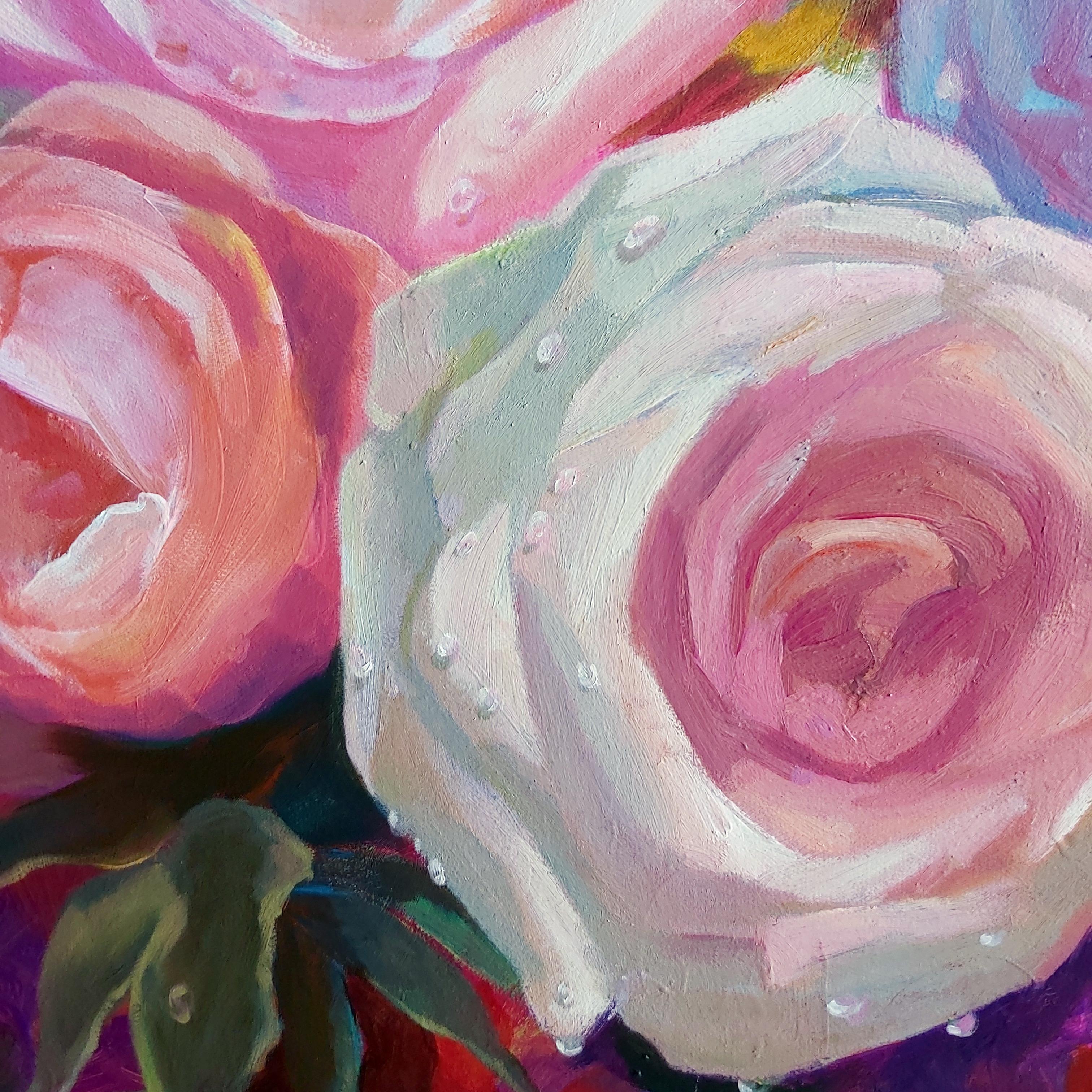 Spring Flower (Blumenblume aus Acryl auf Leinwand, farbenfrohe, rosa Blumen, Rosenstrauß) – Painting von Jing Fu