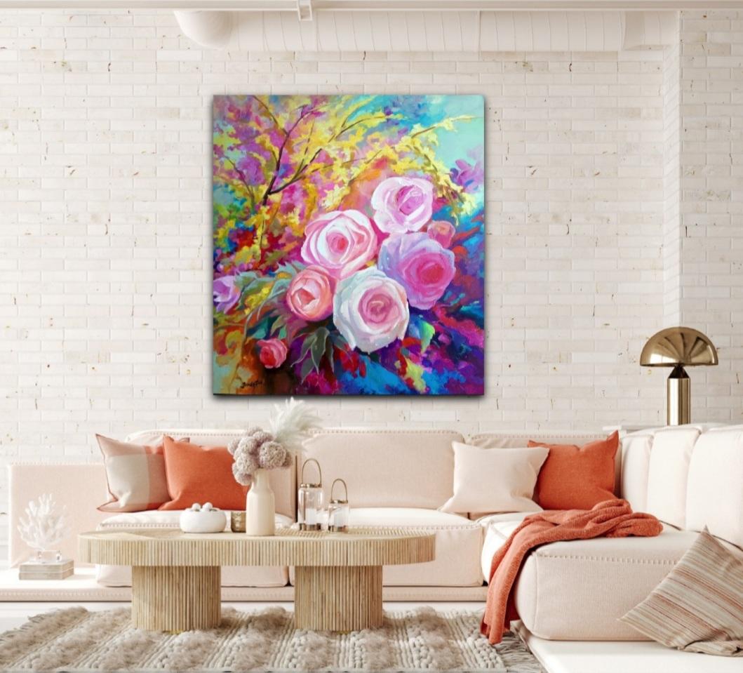 Spring Flower (Blumenblume aus Acryl auf Leinwand, farbenfrohe, rosa Blumen, Rosenstrauß) (Post-Impressionismus), Painting, von Jing Fu