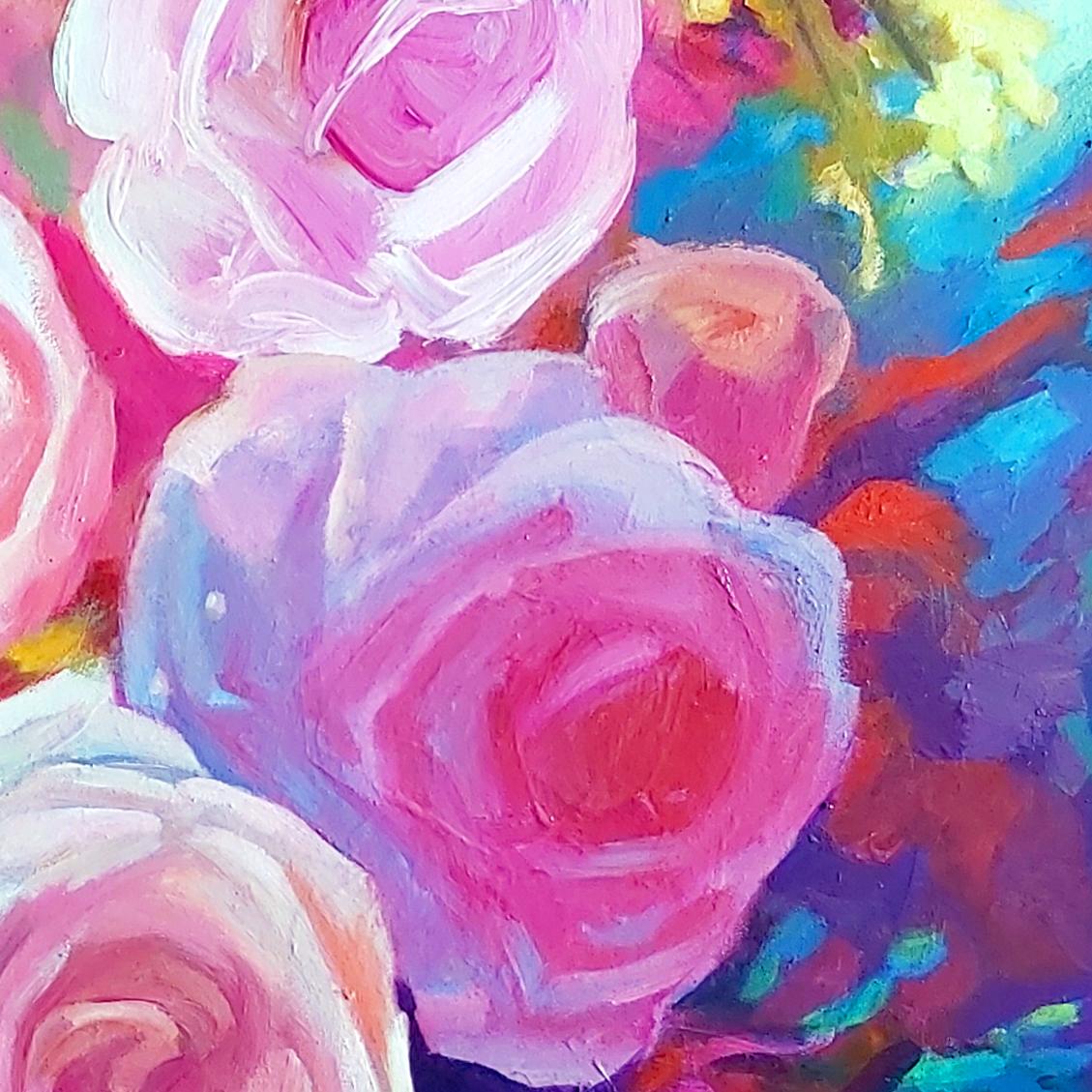 Spring Flower (Blumenblume aus Acryl auf Leinwand, farbenfrohe, rosa Blumen, Rosenstrauß) (Braun), Landscape Painting, von Jing Fu