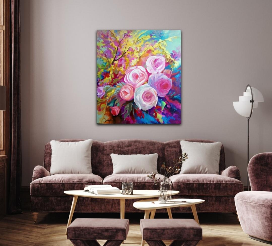 Fleur de printemps (acrylique florale sur toile, fleurs colorées, roses, bouquets) en vente 2