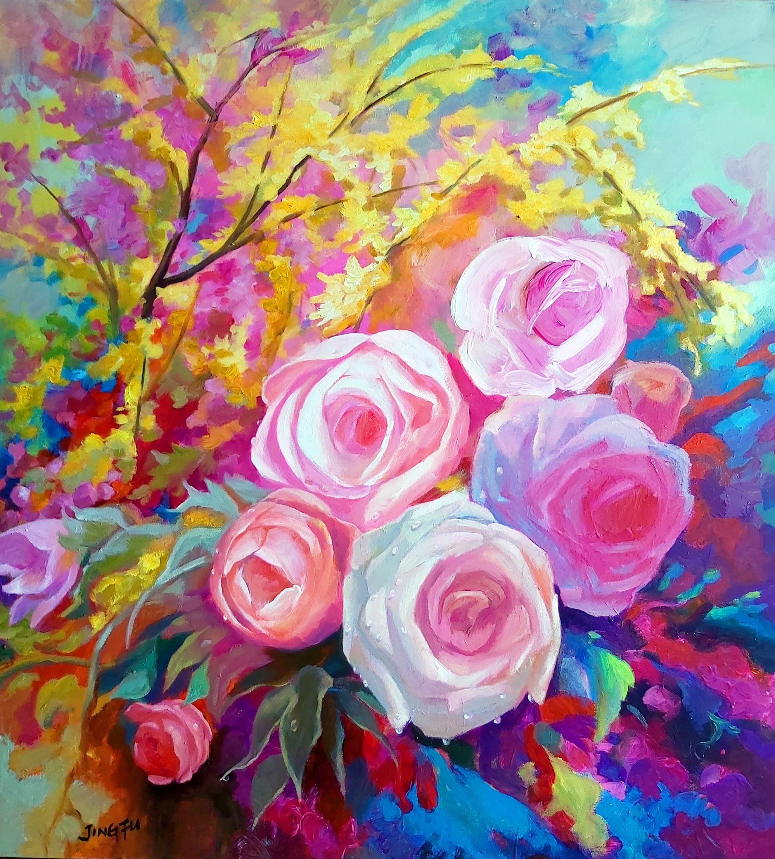 Spring Flower (floral acrylic on canvas, colorful, pink flowers, roses, bouquet)