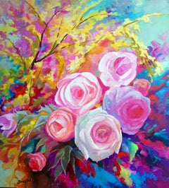 Used Spring Flower (floral acrylic on canvas, colorful, pink flowers, roses, bouquet)