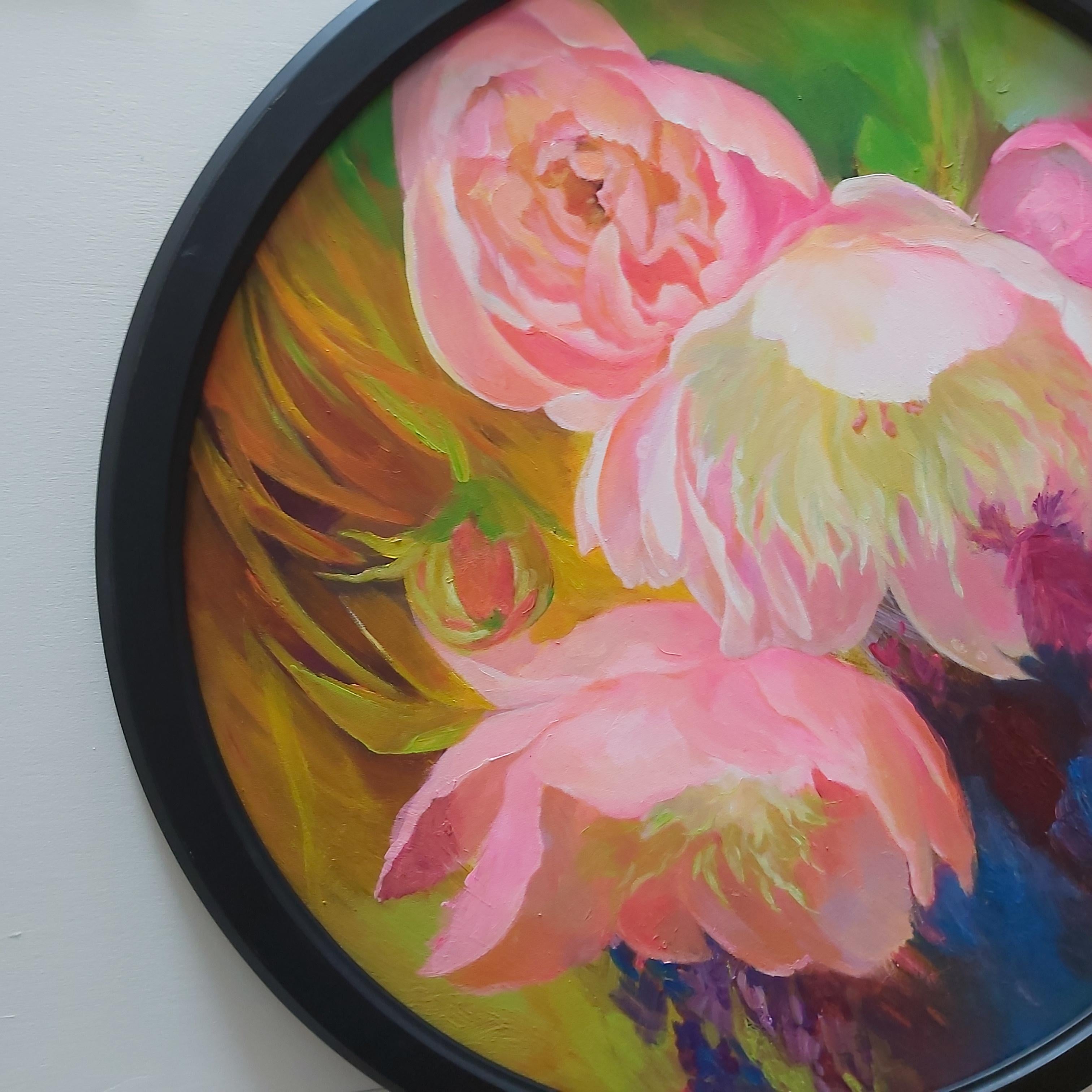 Spring Call (floral acrylic on canvas colorful pink flowers roses round art) - Painting by Jing Fu