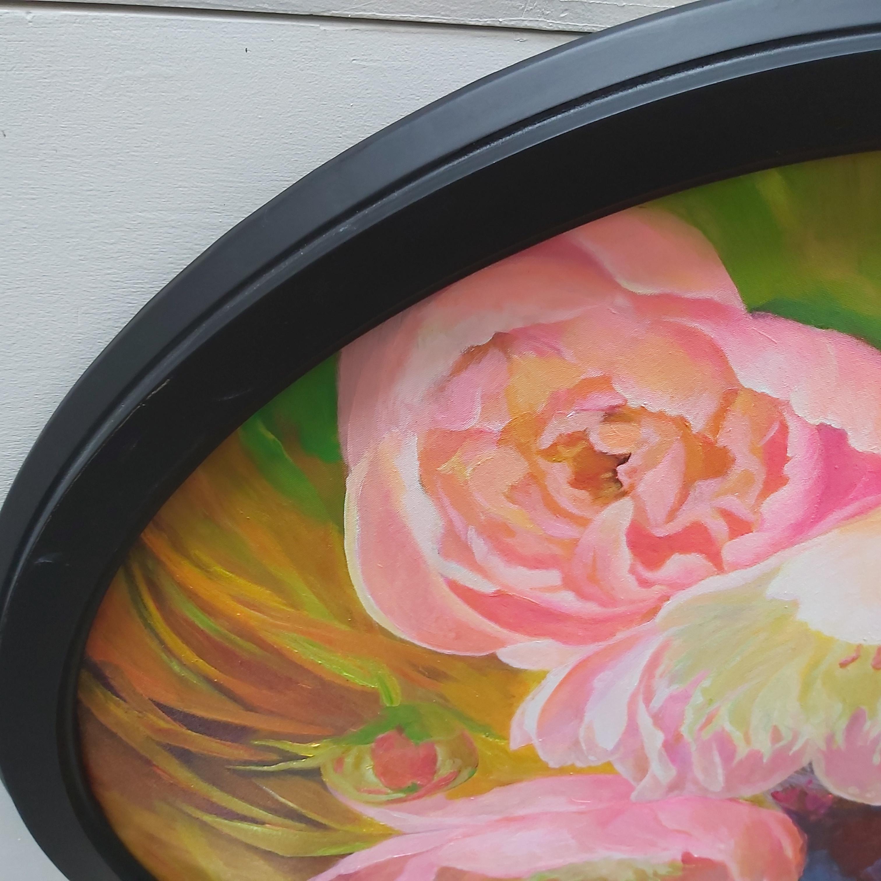 Spring Call (photographie florale en acrylique sur toile, fleurs roses colorées, art rond) en vente 1