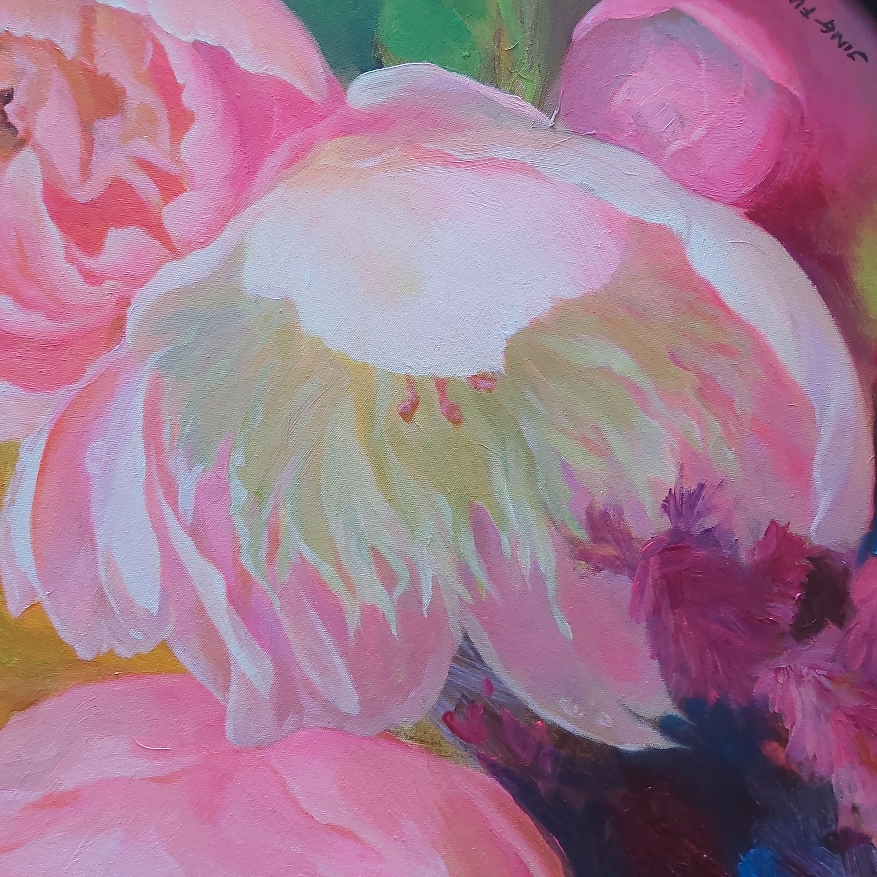 Spring Call (Blumen-Acryl auf Leinwand, farbenfrohe rosa Blumen, Rosen, runde Kunst) (Post-Impressionismus), Painting, von Jing Fu