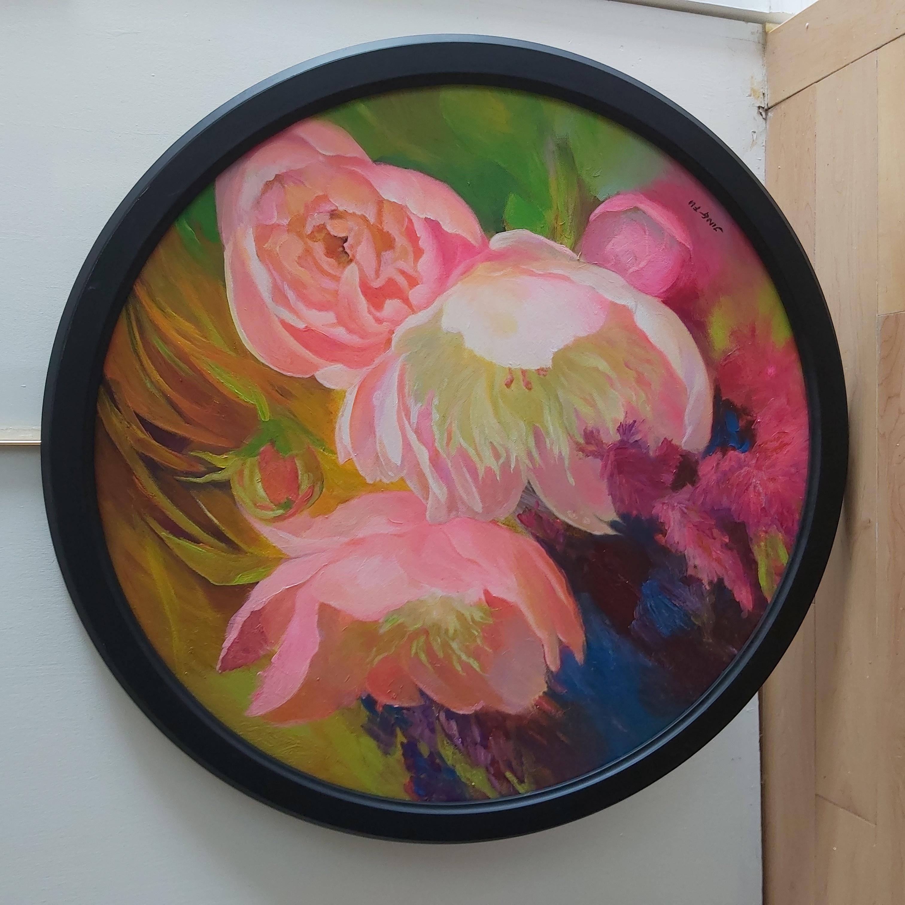 Spring Call (photographie florale en acrylique sur toile, fleurs roses colorées, art rond) en vente 3