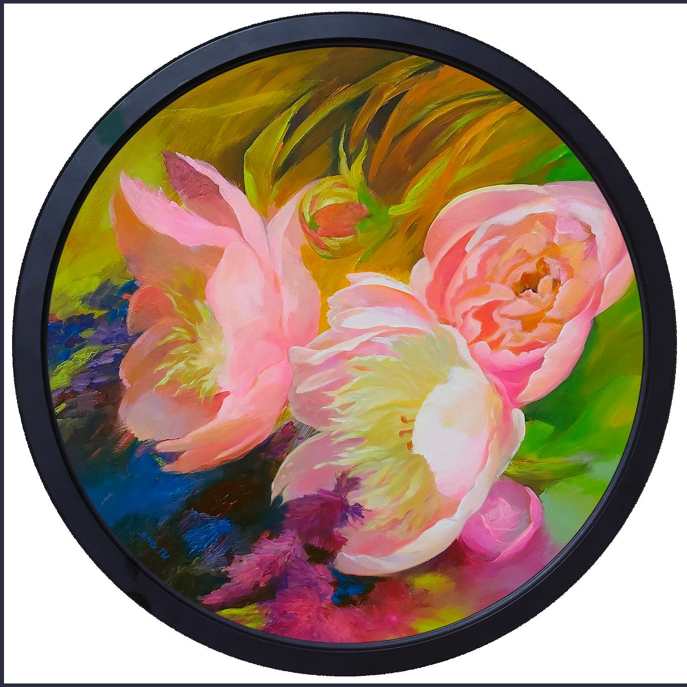 Jing Fu Landscape Painting – Spring Call (Blumen-Acryl auf Leinwand, farbenfrohe rosa Blumen, Rosen, runde Kunst)