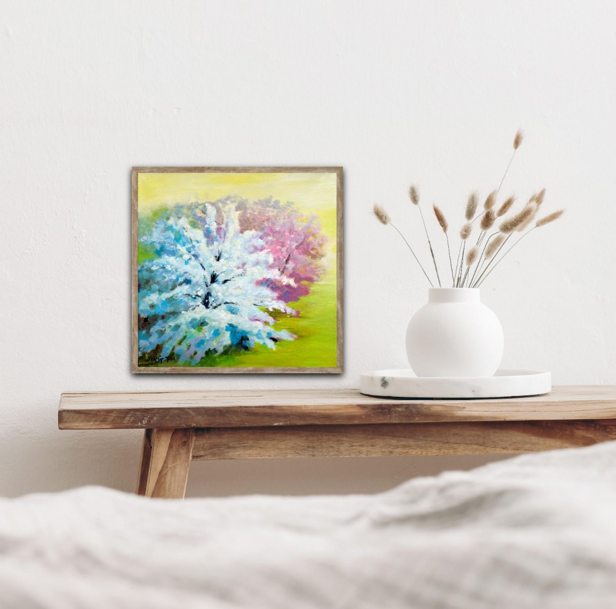 Spring Zest is a vibrant oil painting on canvas depicting pastel colored blossoming trees in a green field.
Comes framed and ready to hang.

