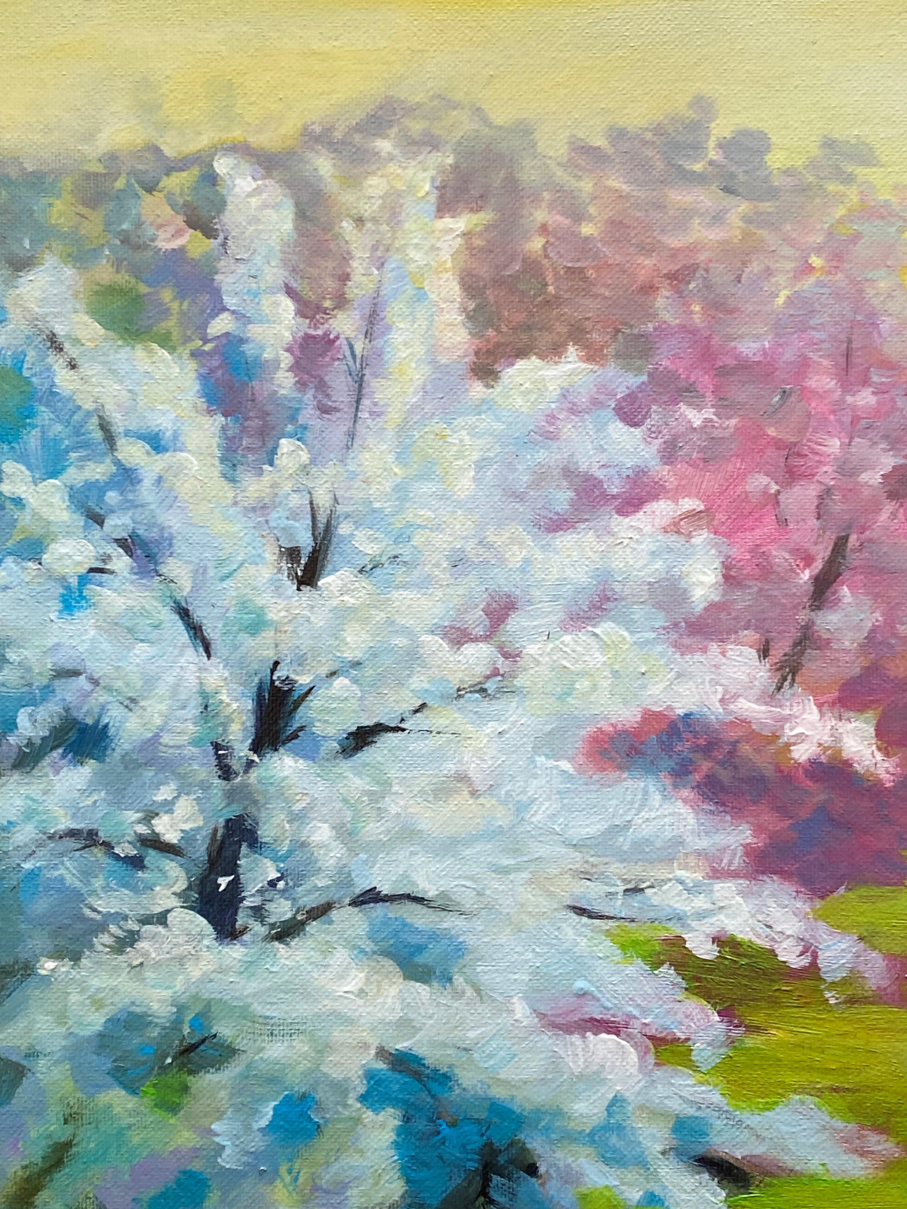 Spring Zest (blossoming trees blooming floral baby blue pink green landscape) For Sale 1
