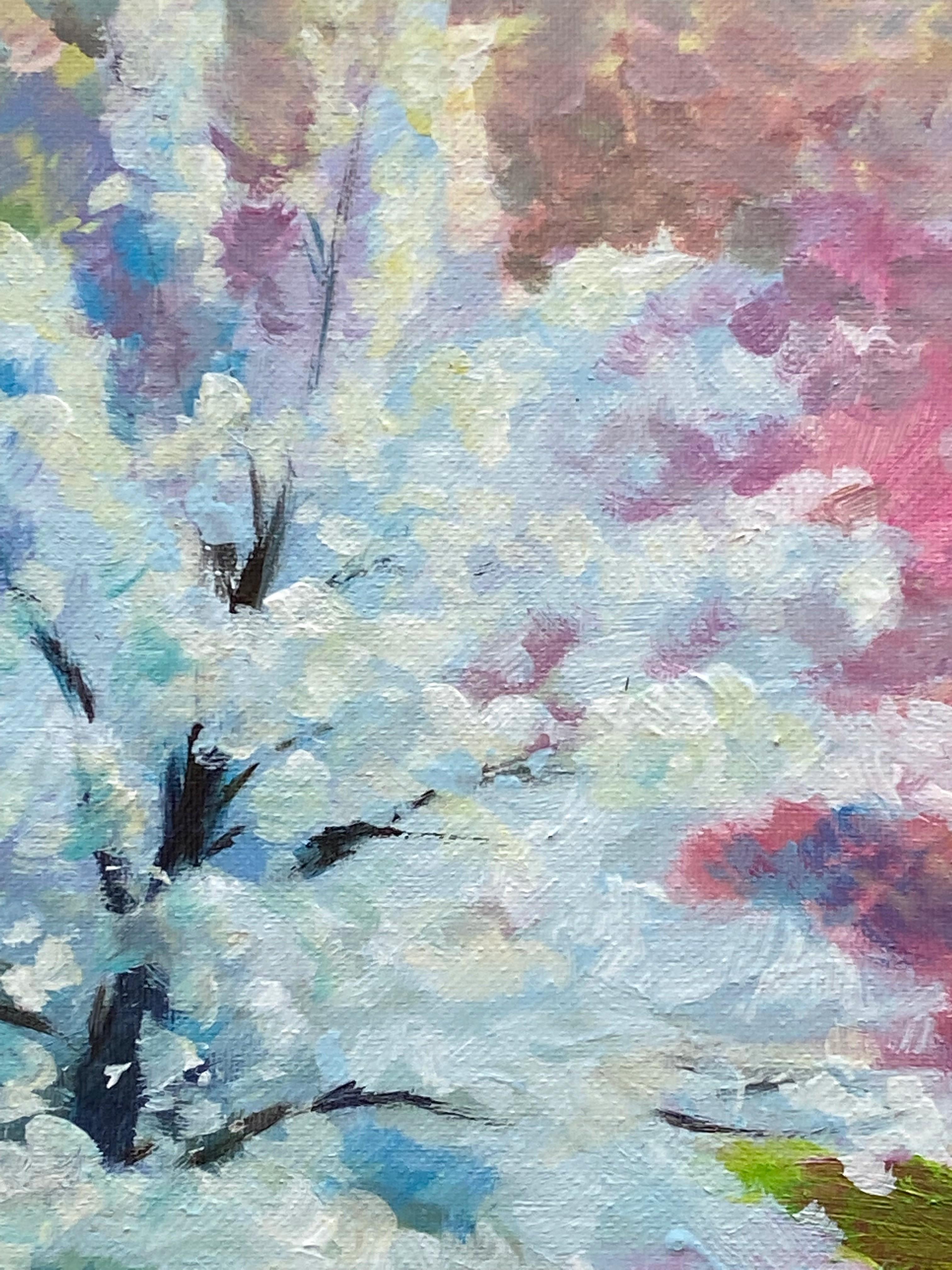 Spring Zest (arbres en fleurs fleuries et paysage bleu, rose et vert pâle) en vente 2