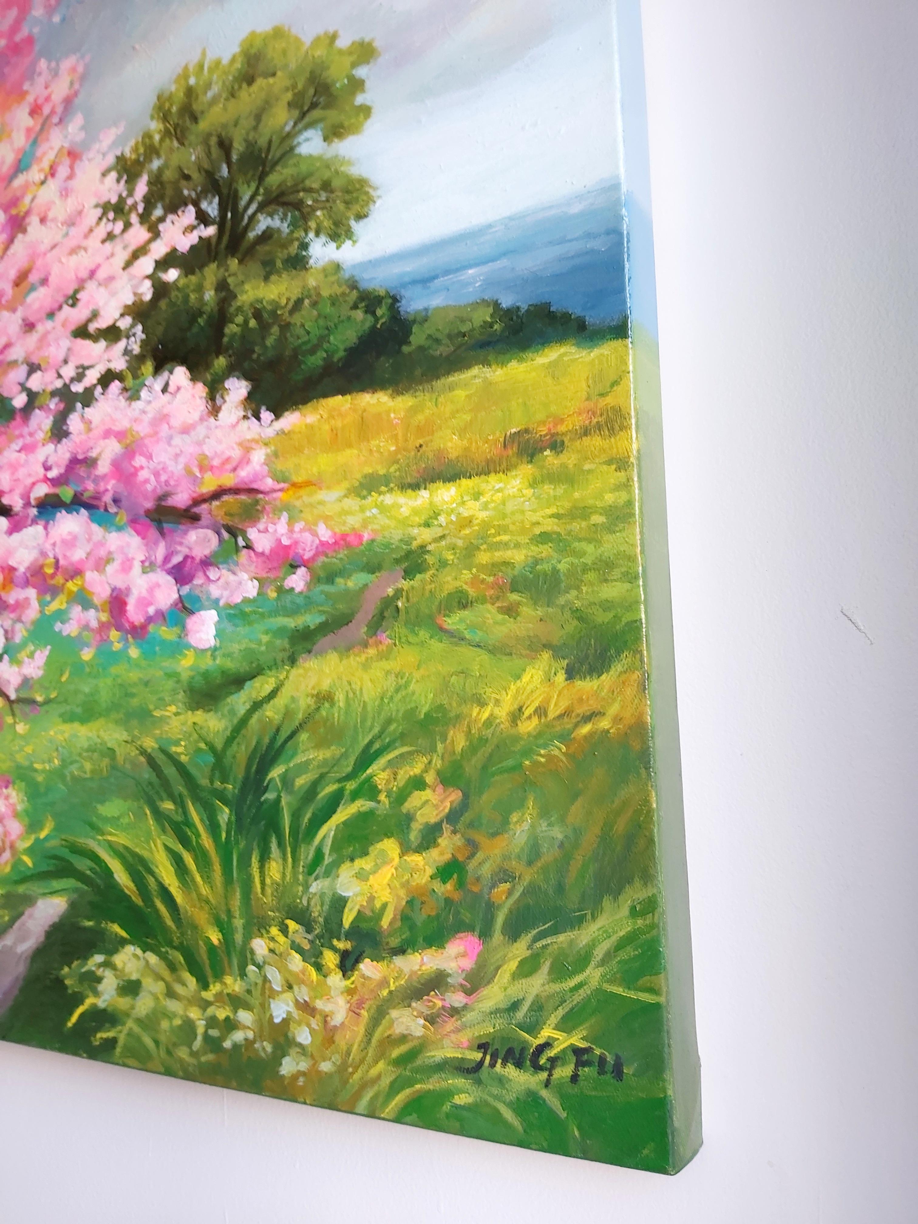Spring Zest (paisaje cerezo en flor floral colorido rosa) - Landscape Painting Marrón de Jing Fu