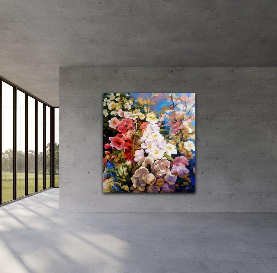 Liebe im Mai“  (Blumen-Acryl auf Leinwand, wilde rosa Blumen, Mohnblumen, Blumenstrauß) im Angebot 7