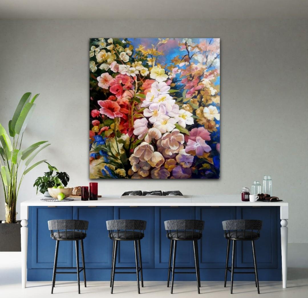 Liebe im Mai“  (Blumen-Acryl auf Leinwand, wilde rosa Blumen, Mohnblumen, Blumenstrauß) – Painting von Jing Fu