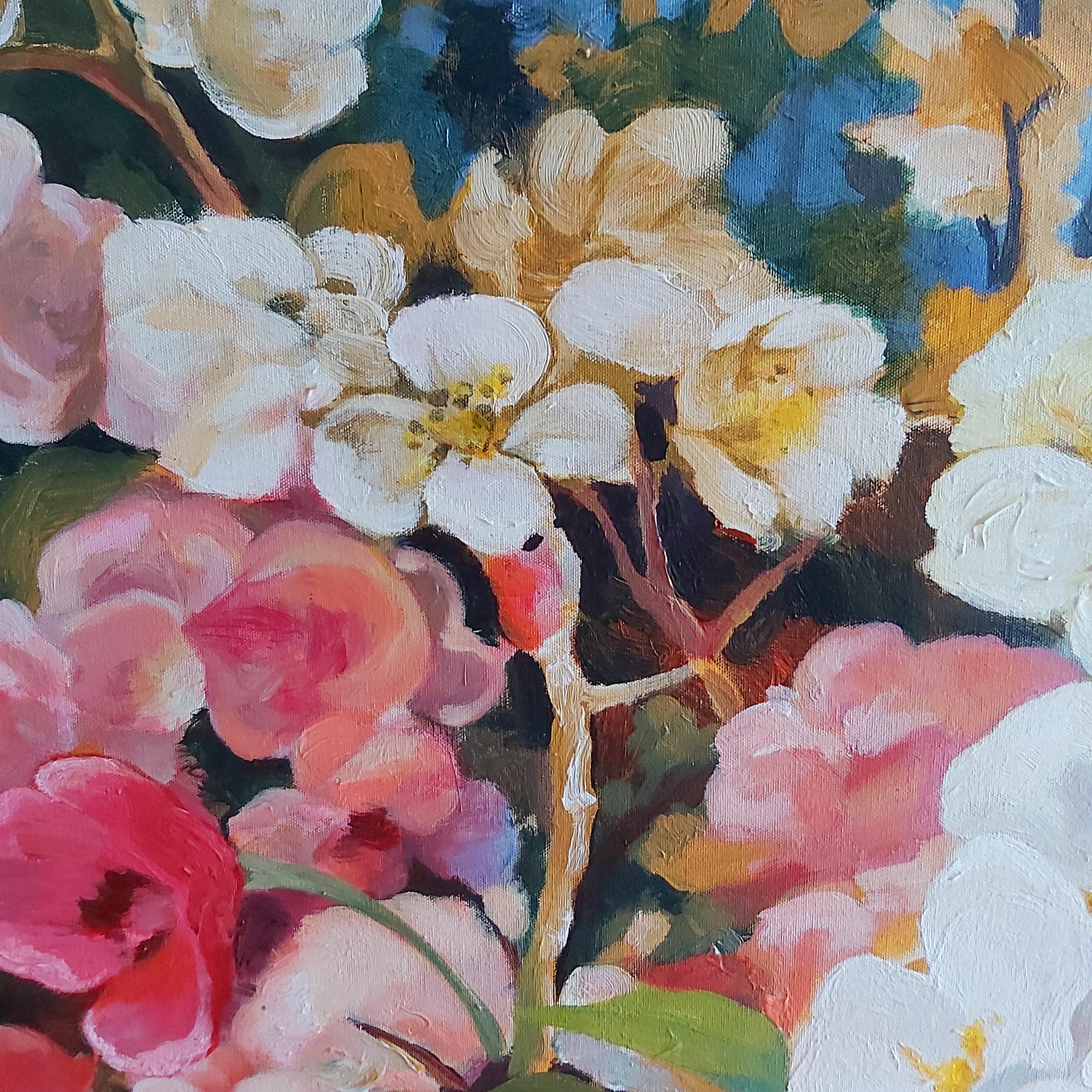 Liebe im Mai“  (Blumen-Acryl auf Leinwand, wilde rosa Blumen, Mohnblumen, Blumenstrauß) (Post-Impressionismus), Painting, von Jing Fu