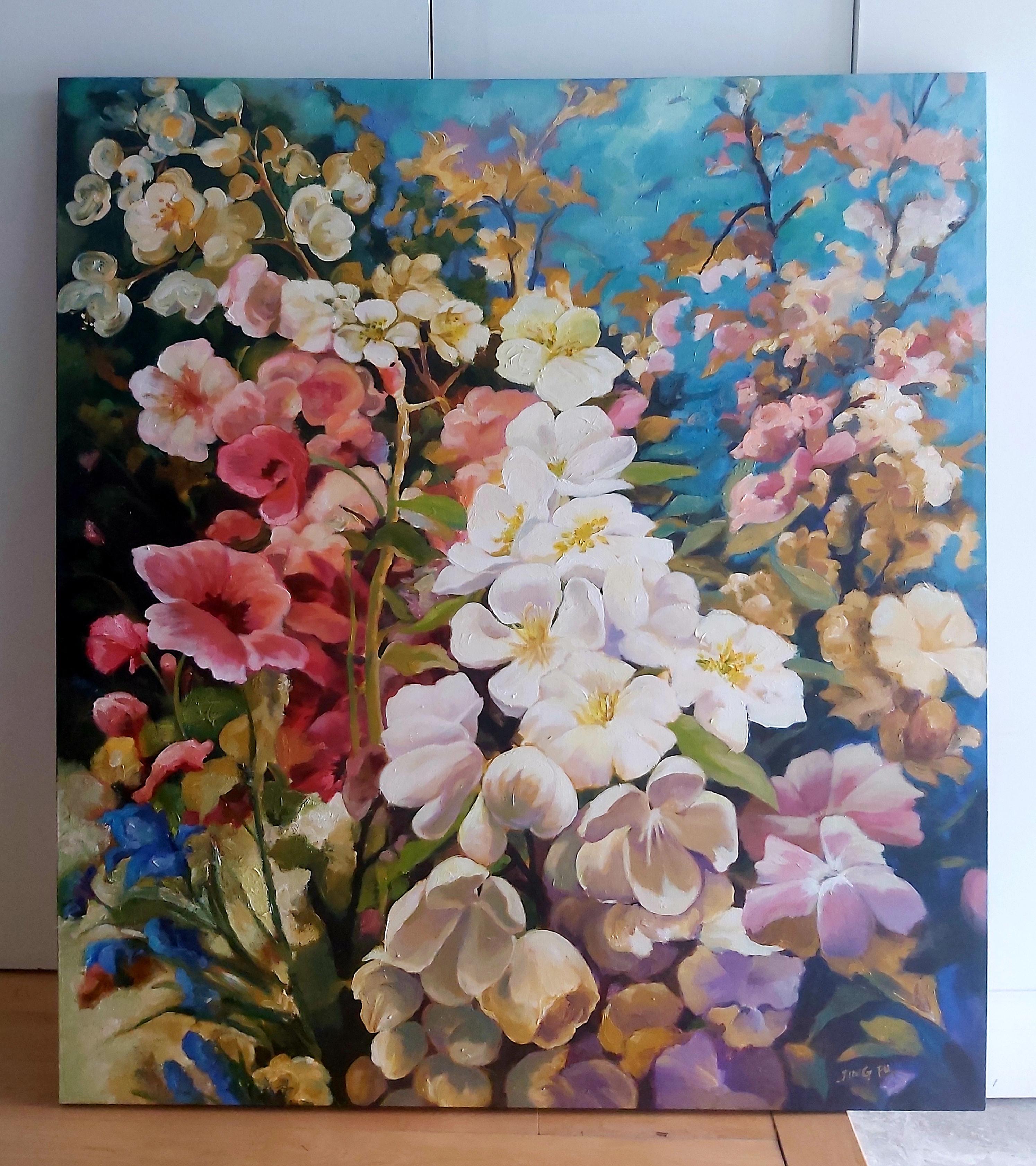 L'amour en mai  (acrylique florale sur toile, fleurs roses sauvages, peupliers, bouquet)