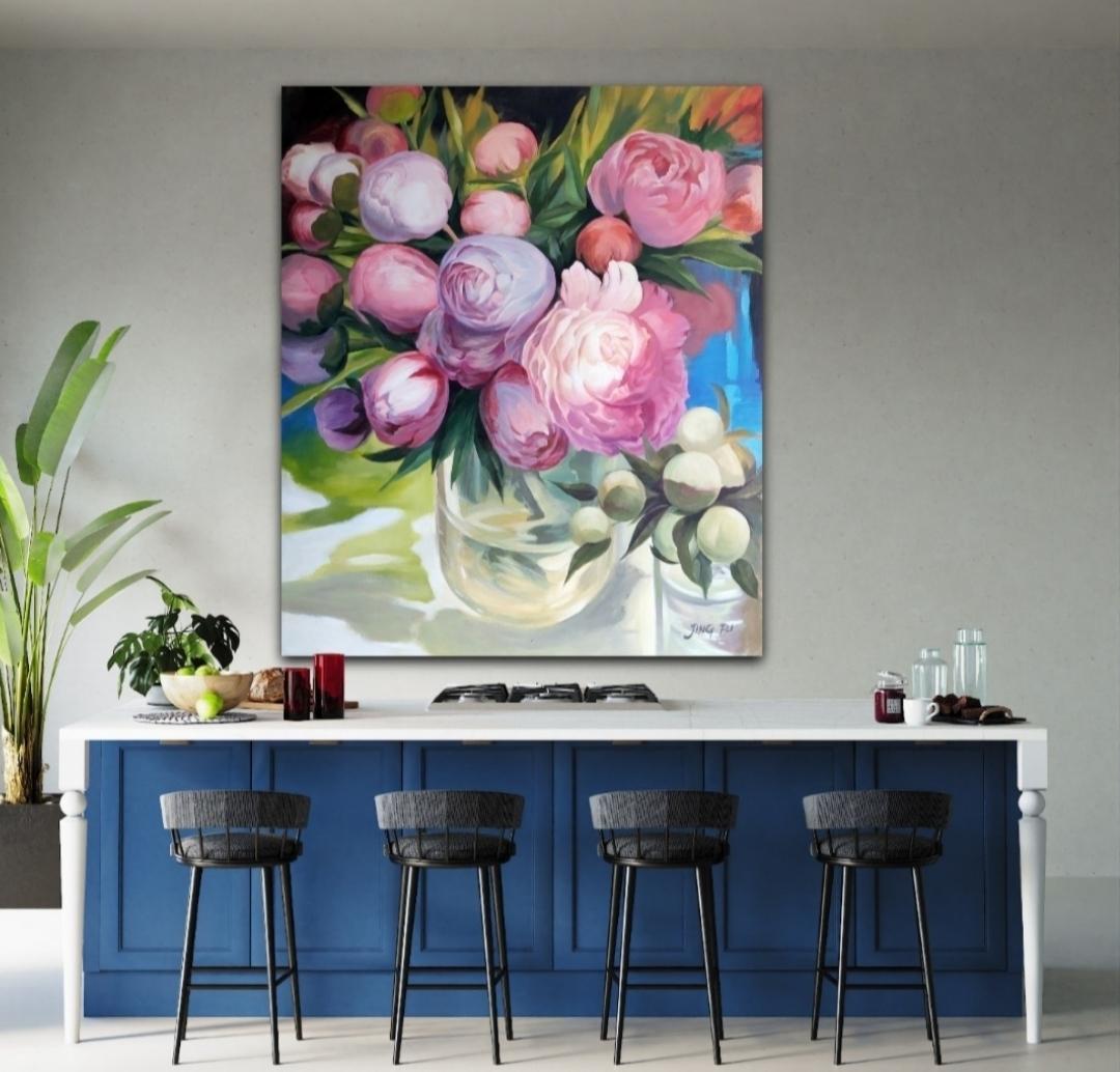 Waiting (Blumenstrauß, Acryl auf Leinwand, Blumenstrauß, Rosen, Pfingstrosen, farbenfrohe – Painting von Jing Fu