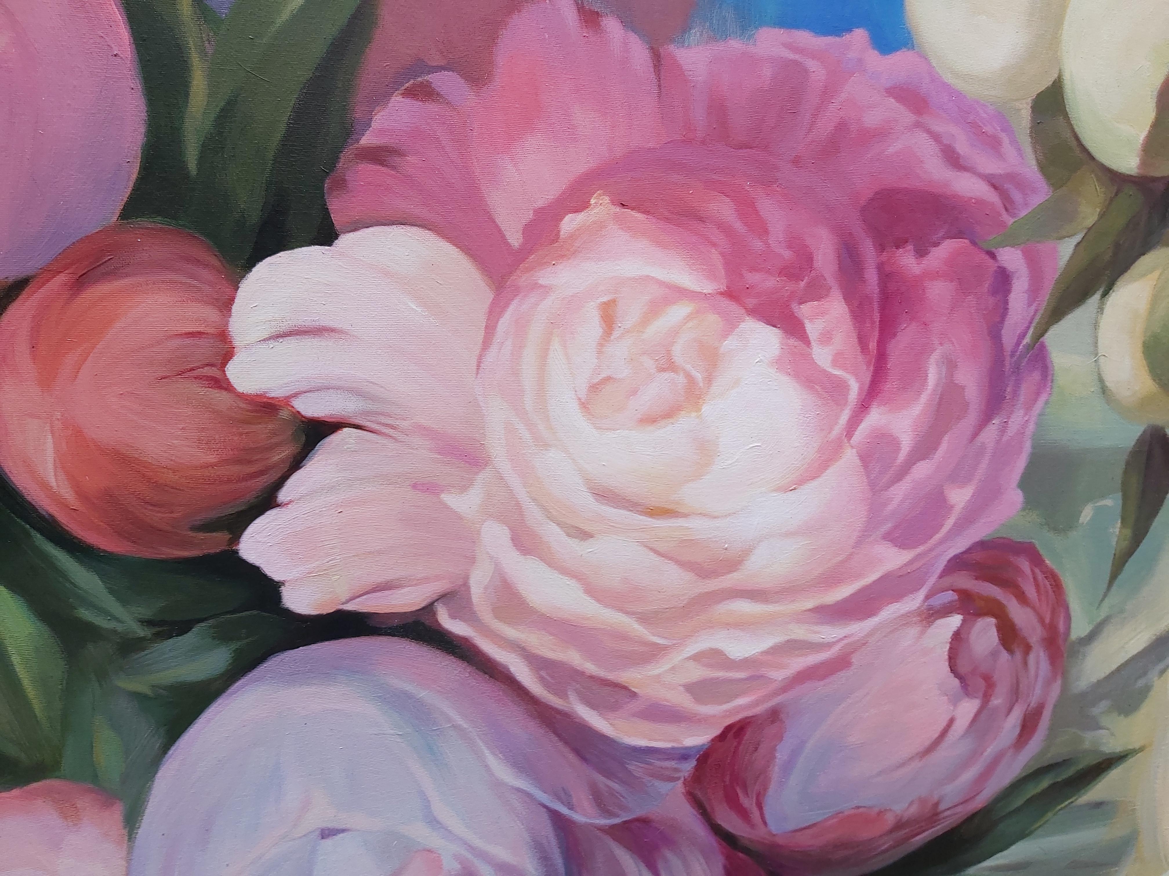 Attesa (acrilico floreale su tela fiori bouquet rose peonie colorate in vendita 1