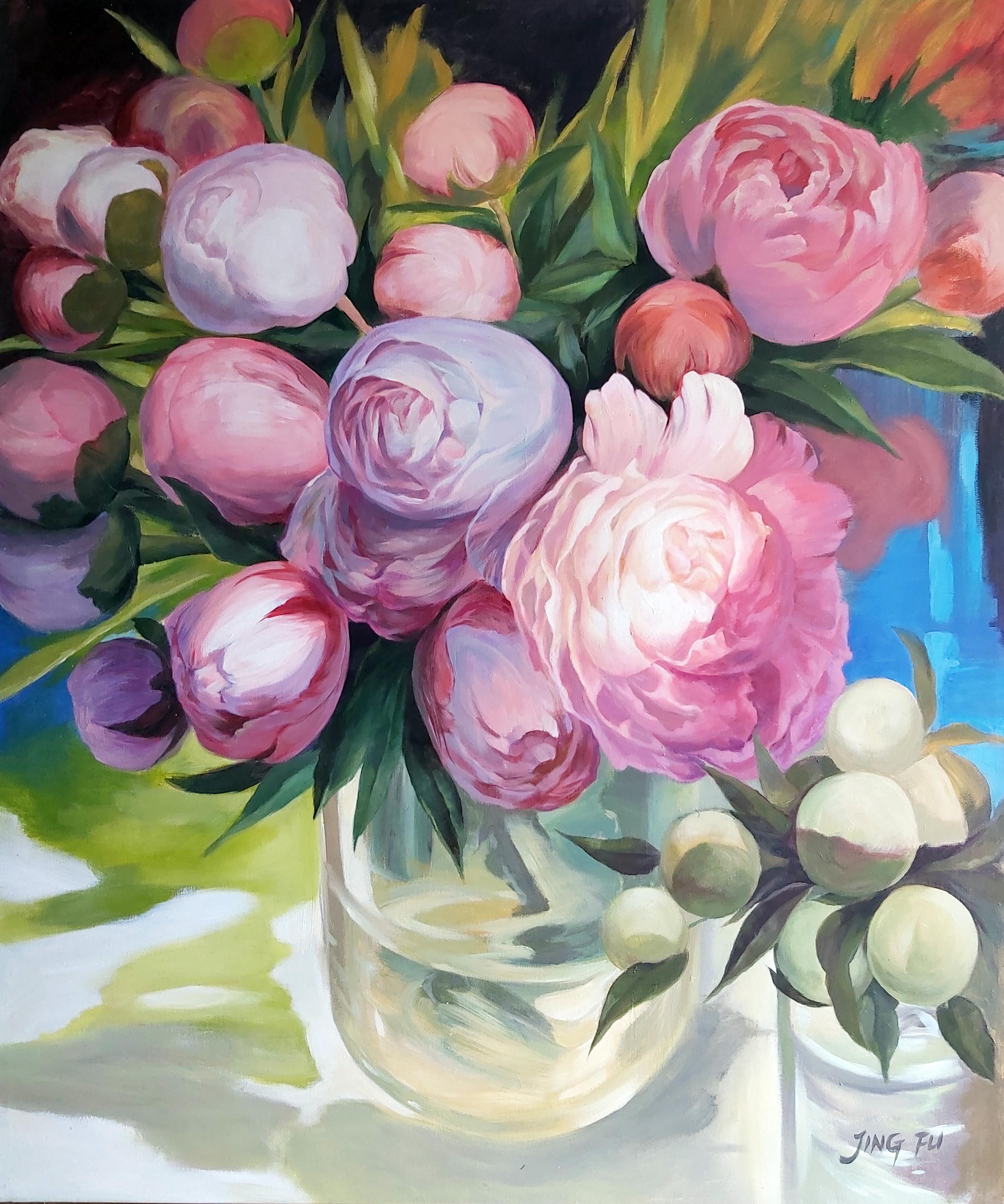 Jing Fu Still-Life Painting – Waiting (Blumenstrauß, Acryl auf Leinwand, Blumenstrauß, Rosen, Pfingstrosen, farbenfrohe