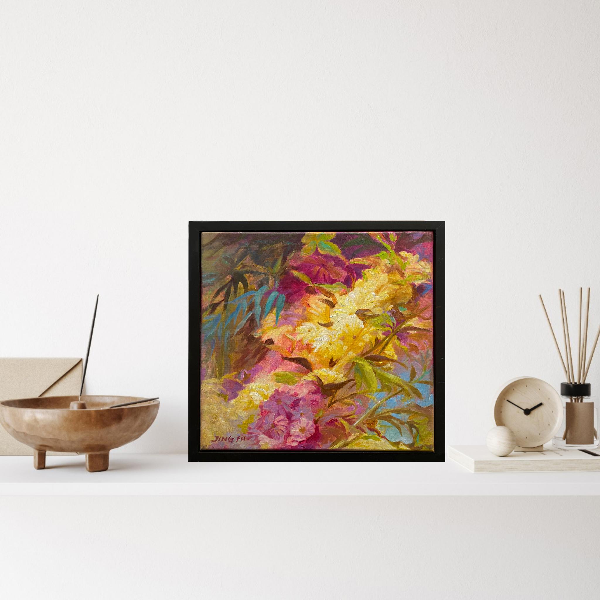 Zest (Blumenlandschaft gelb-rosa Blumengrüne Blätter) (Post-Impressionismus), Painting, von Jing Fu