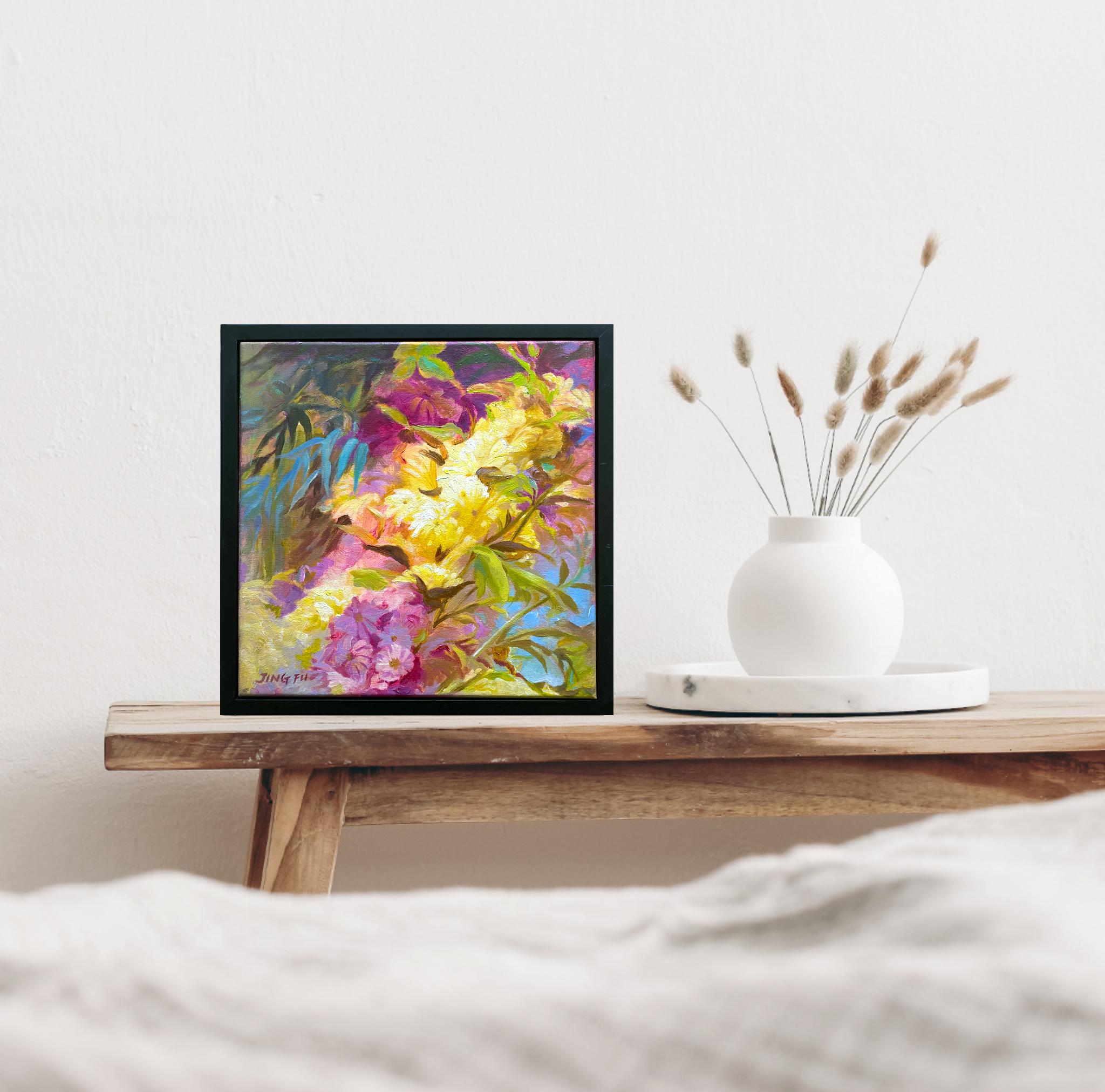 Zest is a vibrant oil painting on canvas depicting a colorful flower bouquet in pink and yellow.
Comes framed and ready to hang.

