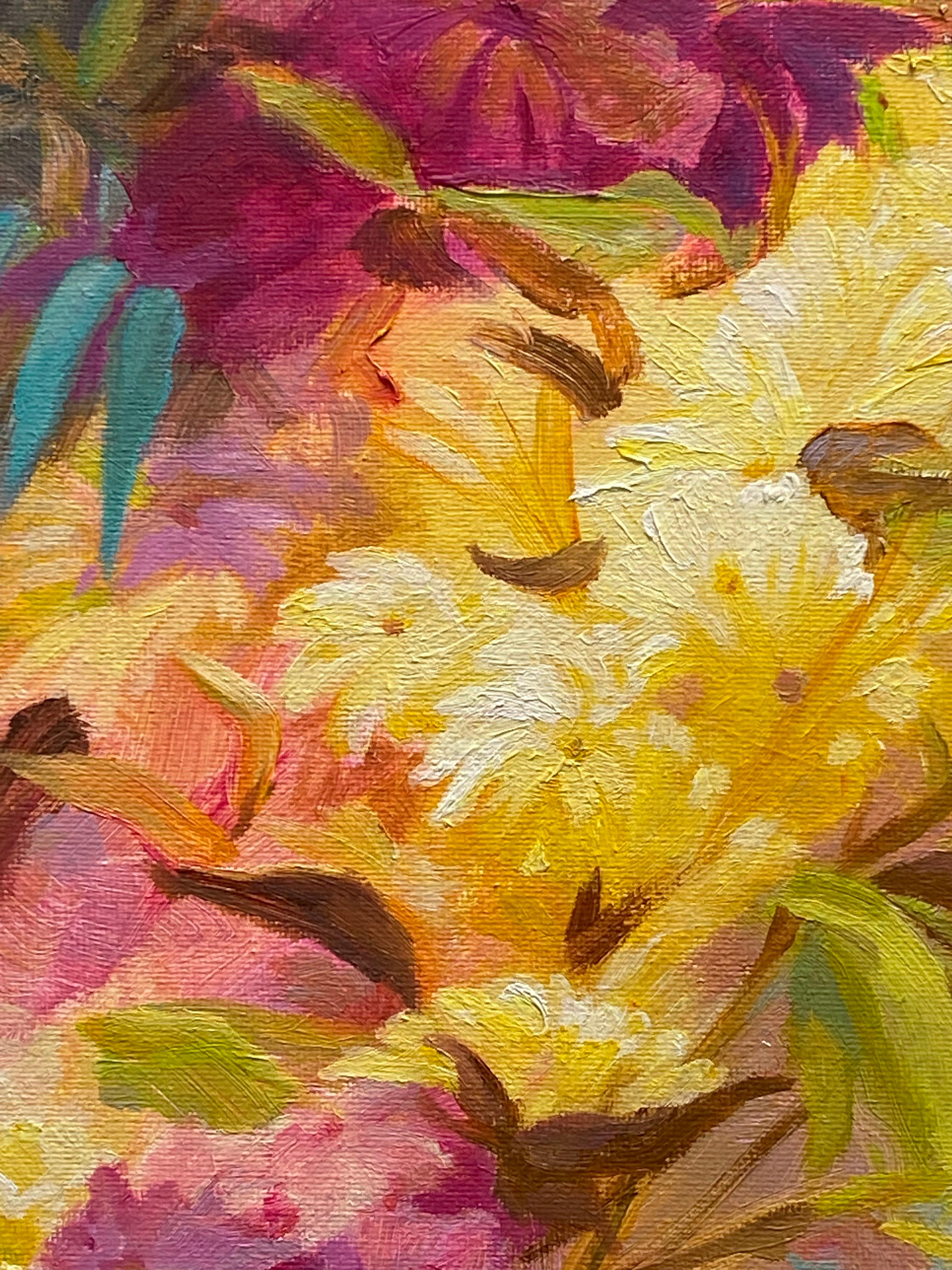 Zest ( Paysage floral, fleurs jaunes, roses et feuilles vertes) en vente 2