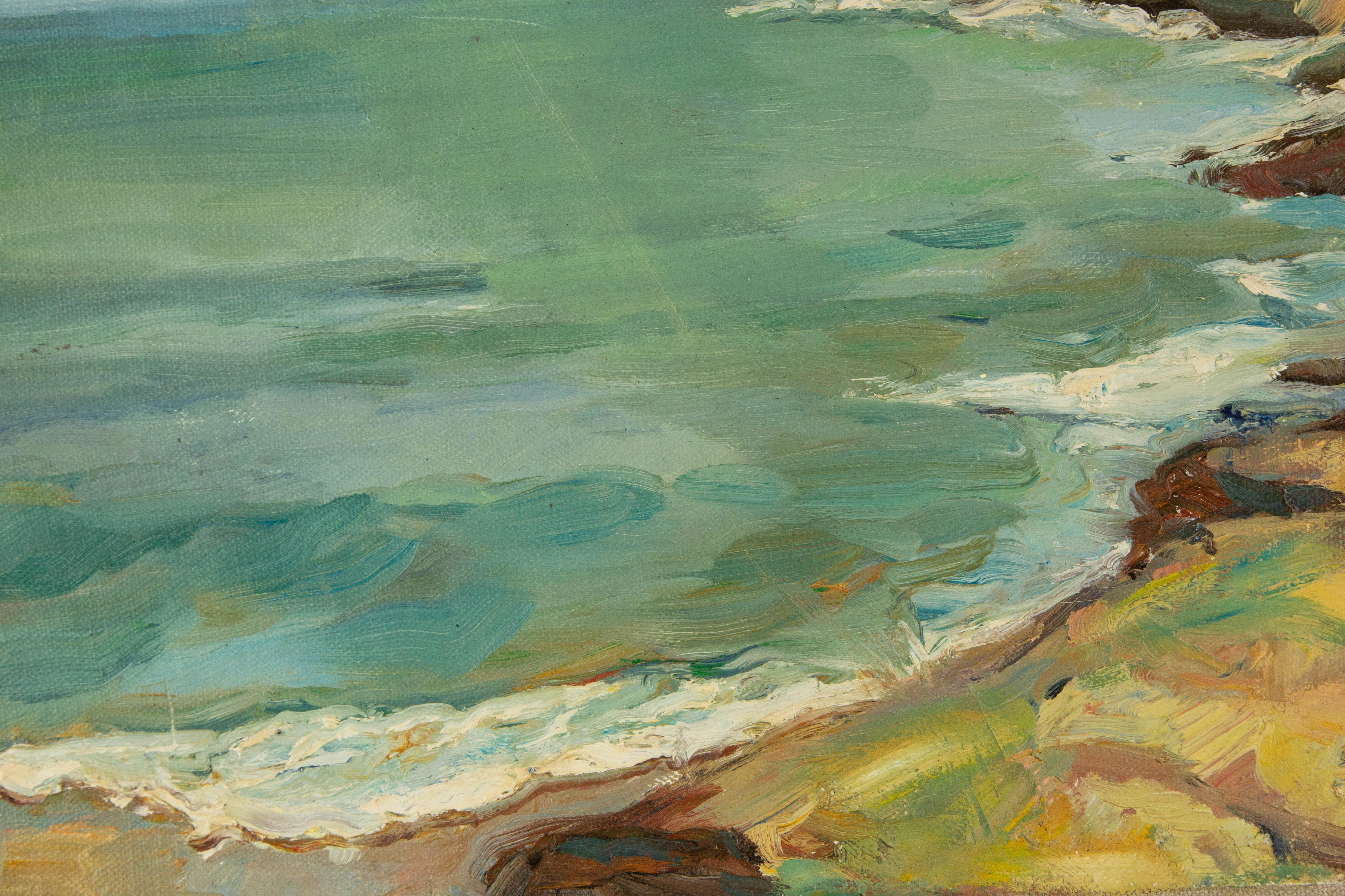  Title: Sunday Seaside
 Medium: Oil on canvas
 Size: 19 x 23 inches
 Frame: Framing options available!
 Condition: The painting appears to be in excellent condition.
 Note: This painting is unstretched
 Year: 2000 Circa
 Artist: Jiani Tang
