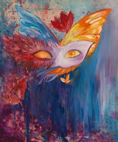 Olio su tela originale contemporaneo di Jing Zhang "Flying Mask" (Maschera volante)