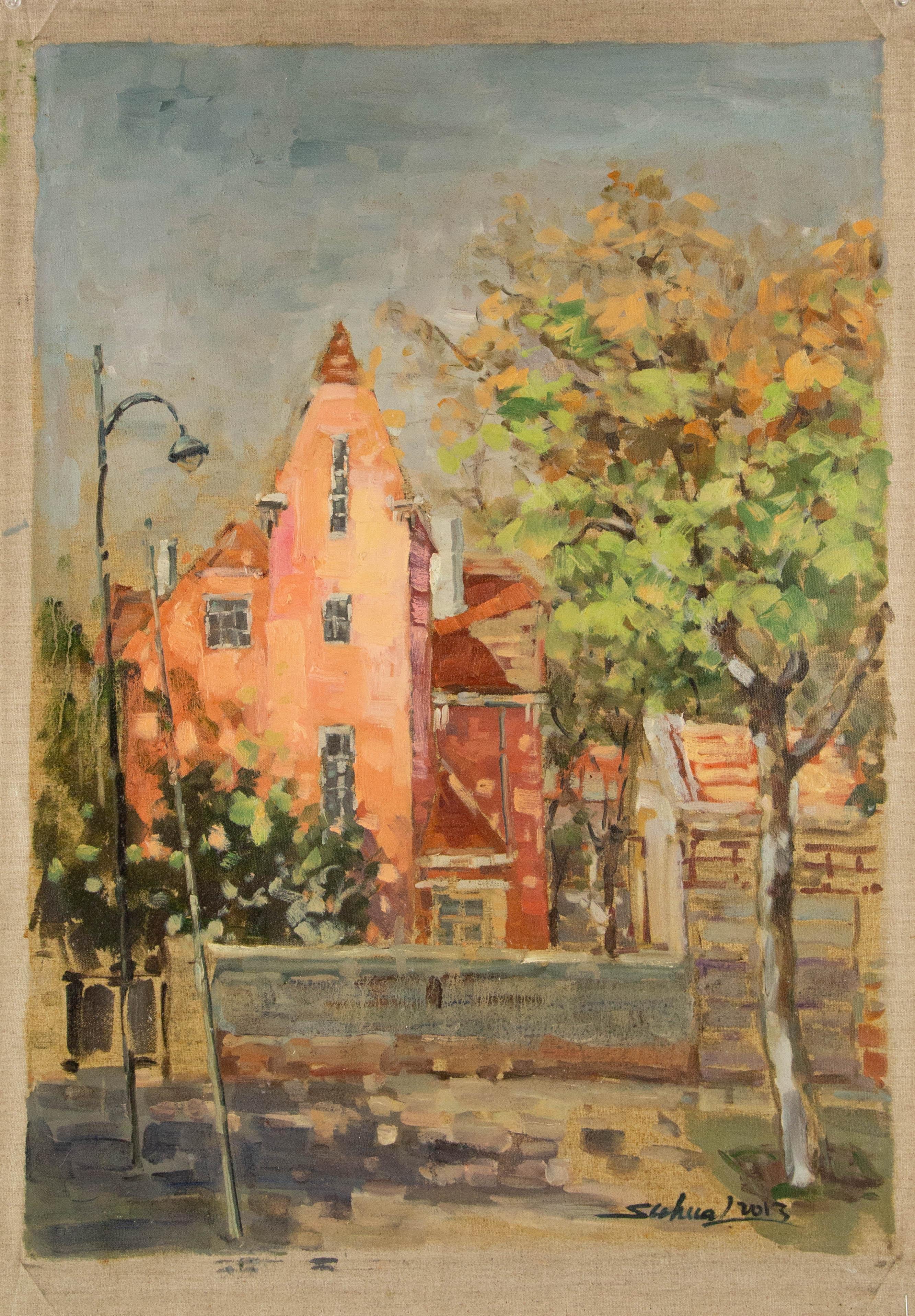 Jingjing Wang Landschaft, Original, Ölgemälde auf Leinwand, „Red House“ im Angebot 7