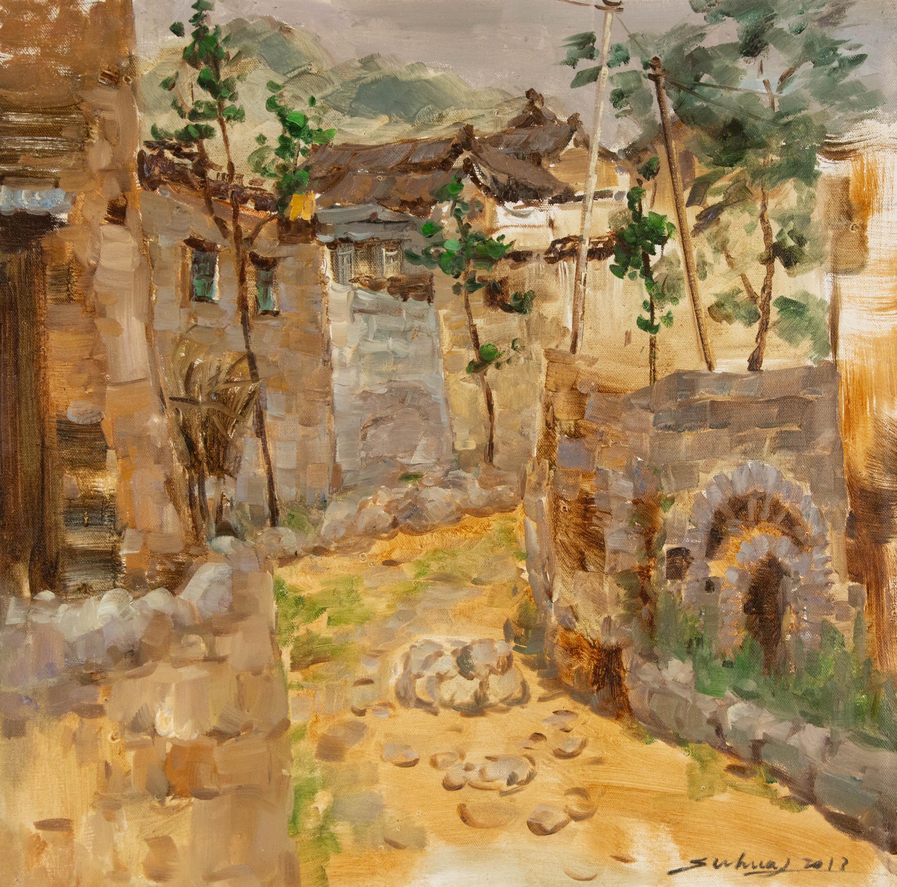 Jingjing Wang Landschaft, Original-Ölgemälde „Steinweg im Inneren des Gebäudes“, Jingjing Wang