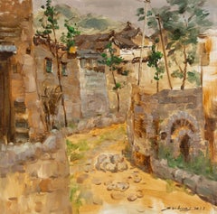 Jingjing Wang Paisaje Pintura al óleo original "Camino de piedra dentro del edificio"