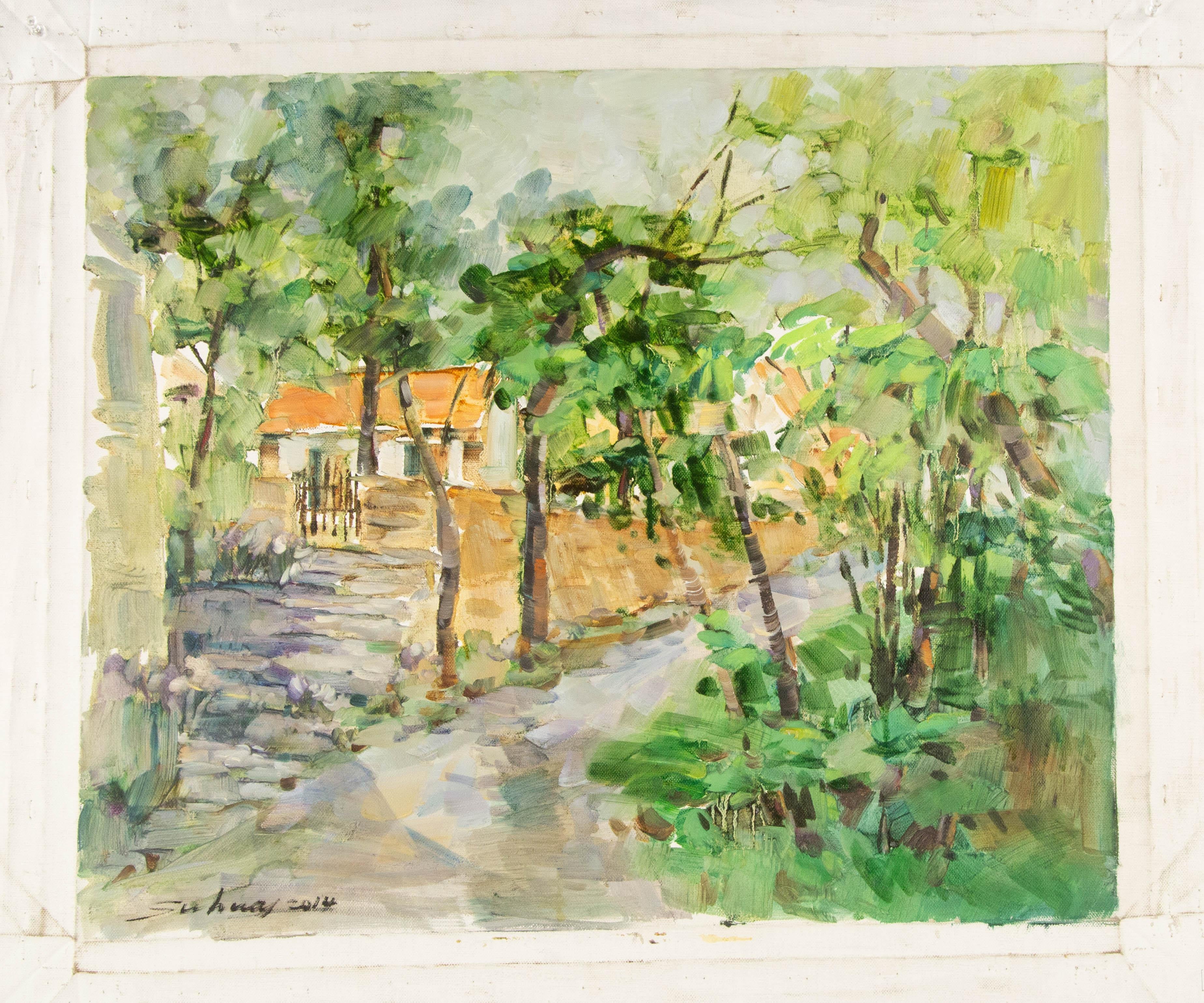 Jingjing Wang Landschaft, Original-Ölgemälde „Der Weg seiner Heimatstadt“, Jingjing Wang im Angebot 7