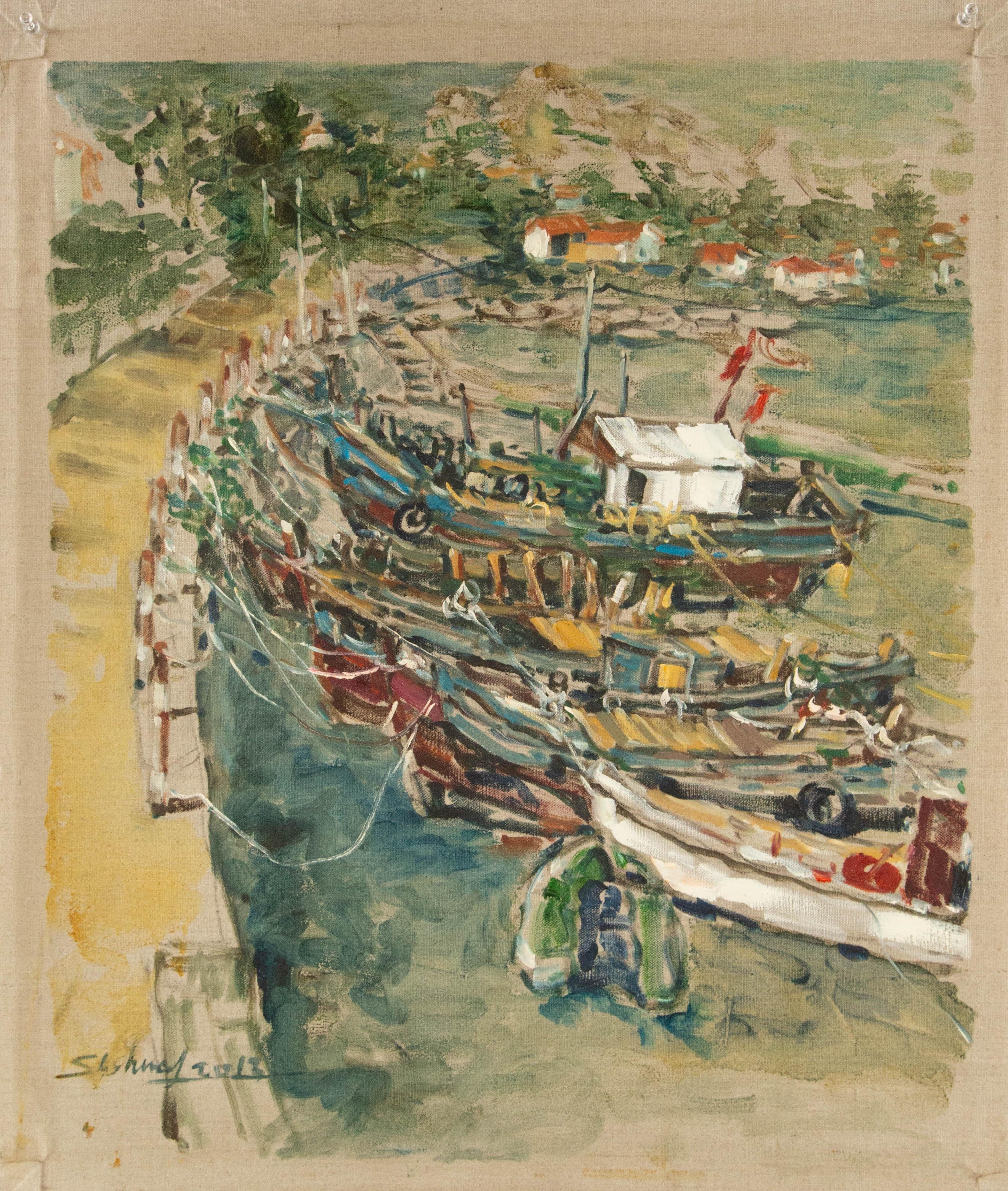 Jingjing Wang Wasserlandschaft, Original-Ölgemälde „ Hafen“ von Jingjing Wang im Angebot 7