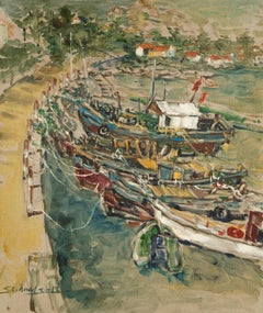 Peinture à l'huile originale Harbor de Jingjing Wang, paysage aquatique