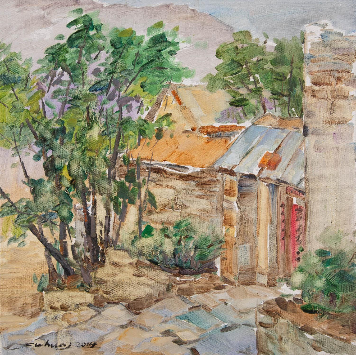 Huile sur toile impressionniste originale de Jingjing Wang - L'arbre devant la porte en vente 1