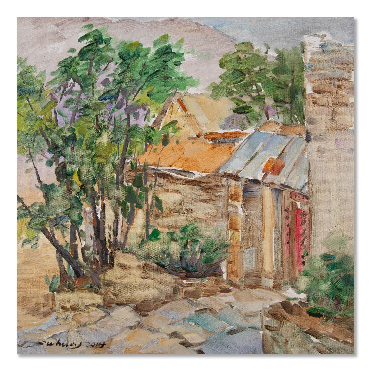  Title: The Tree In Front Of Doorway
 Medium: Oil on canvas
 Size: 19.5 x 19.5 inches
 Frame: Framing options available!
 Condition: The painting appears to be in excellent condition.
 
 Year: 2014
 Artist: Jingjing Wang
 Signature: Signed
